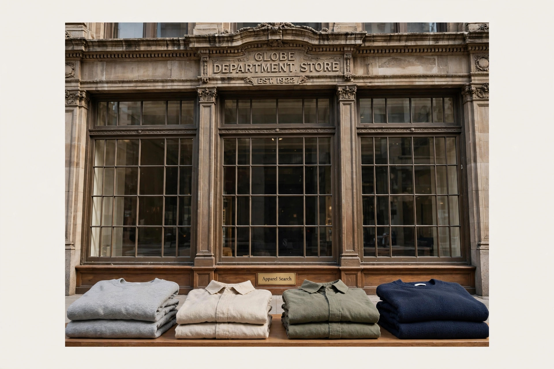 A historic American department store building facade with large display windows, folded apparel and a small Apparel Search plaque, product photography with no people