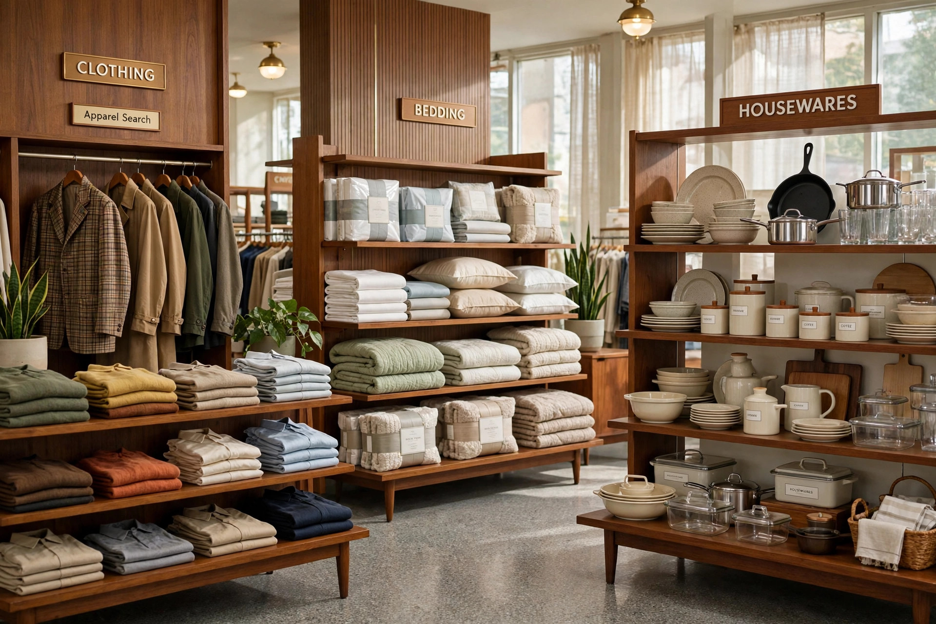 A mid-century American department store interior with clothing, bedding and housewares departments and a small Apparel Search sign, product photography with no people