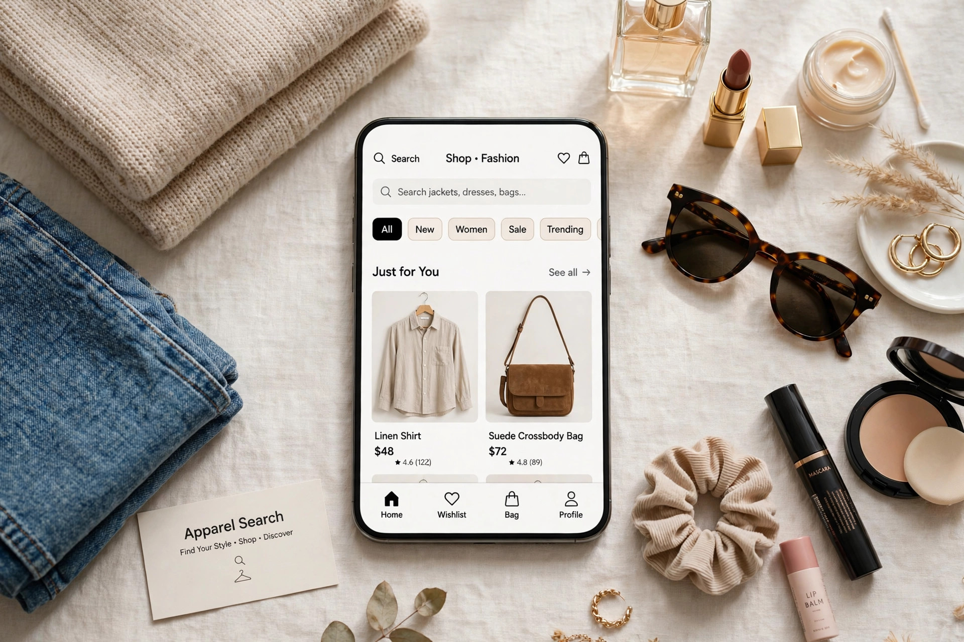 A smartphone centred display of a fashion shopping app interface surrounded by clothing, beauty products and accessories on a clean table and a small Apparel Search card, product photography with no people