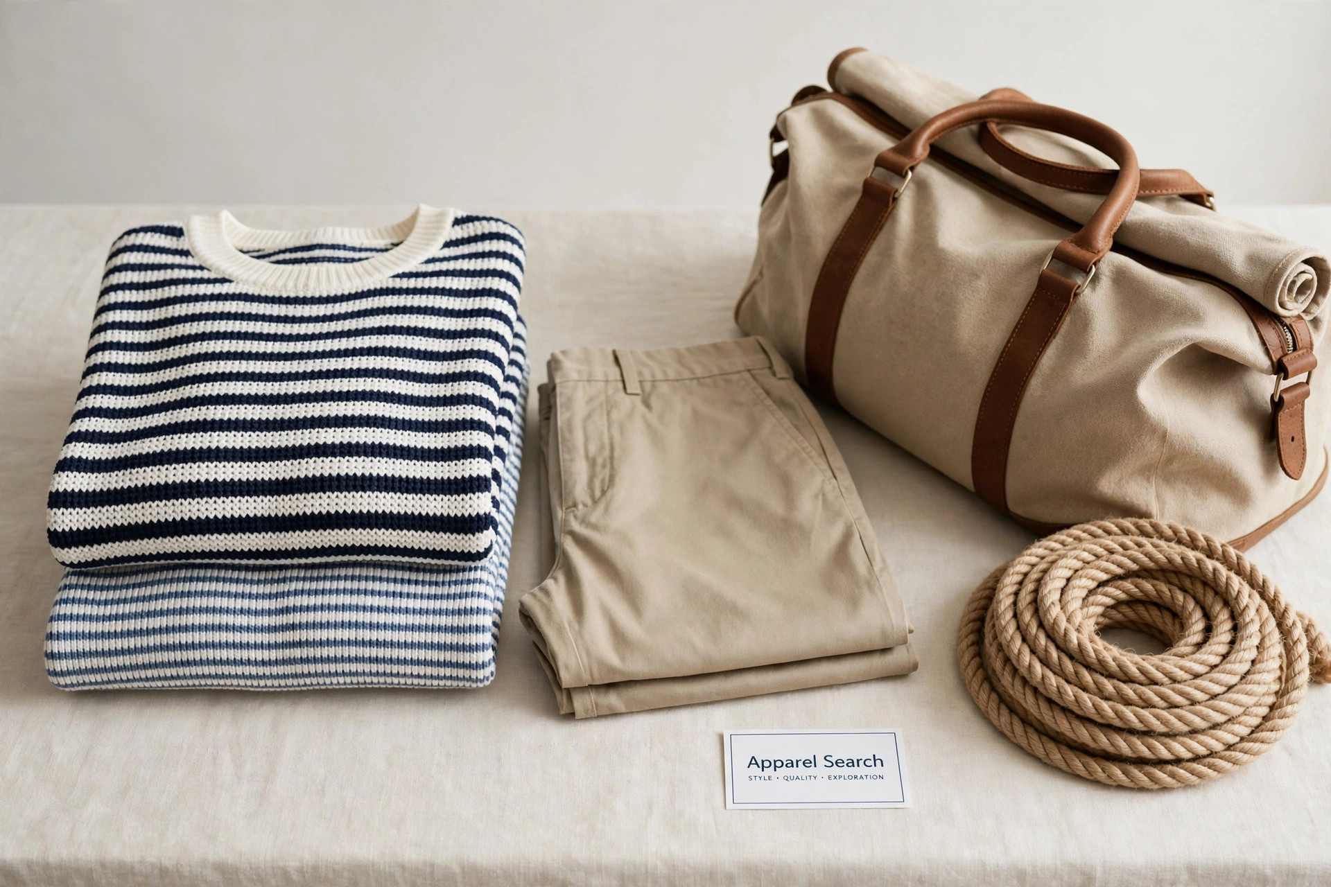 Folded nautical sportswear, striped knit tops, chinos and a canvas duffel beside a coiled rope on a clean table with a small Apparel Search card, product photography with no people