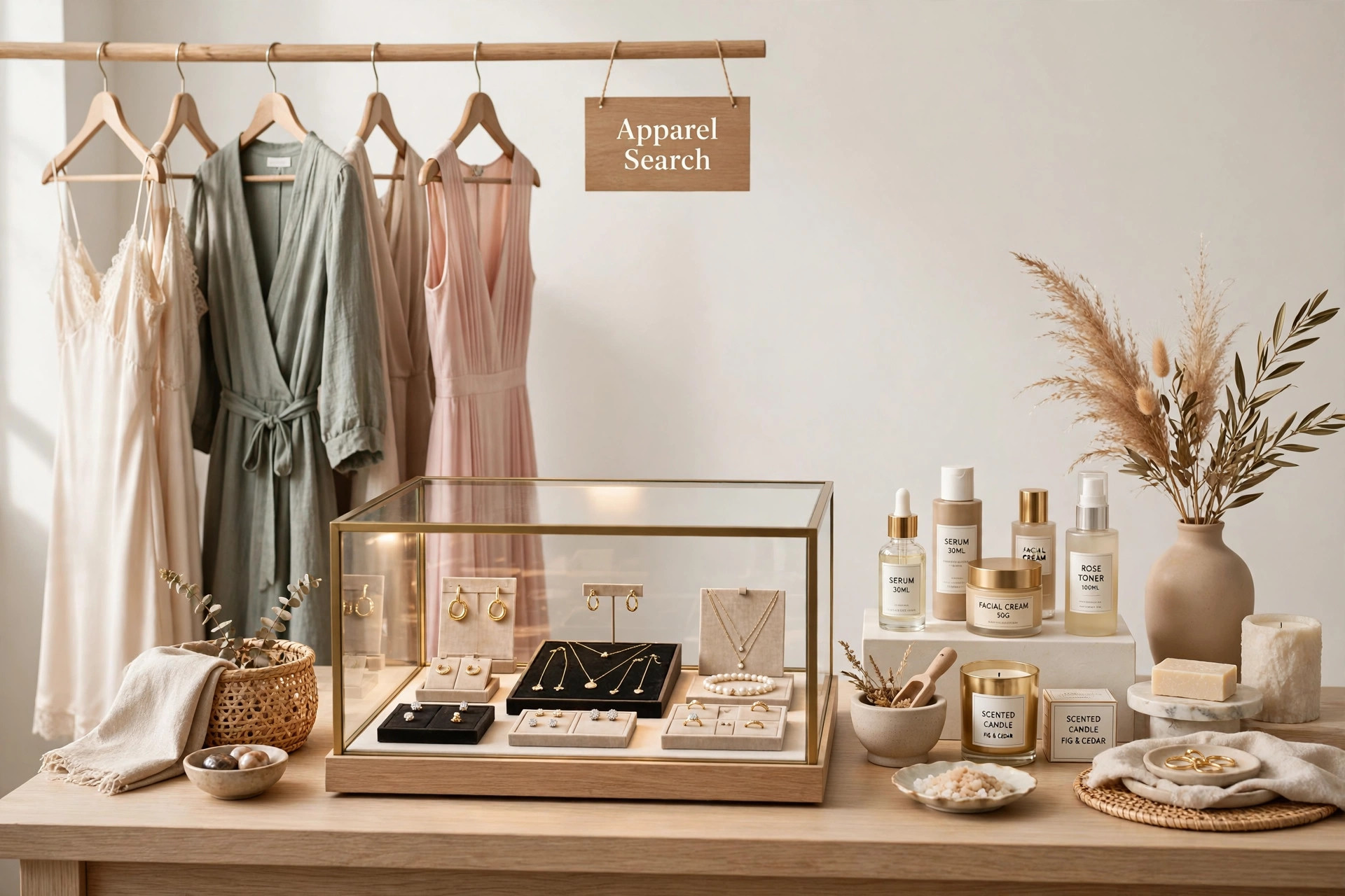 An upscale department store display with designer dresses, fine jewelry cases, beauty counters and decorative home goods under warm light and a small Apparel Search sign, product photography with no people
