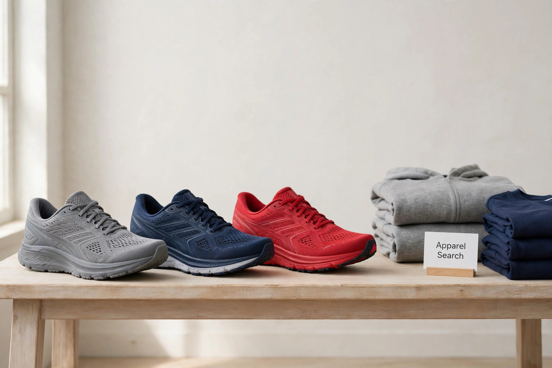 A row of width-sized running shoes in grey, navy and red on a studio bench beside folded athletic apparel and a small Apparel Search sign, product photography with no people