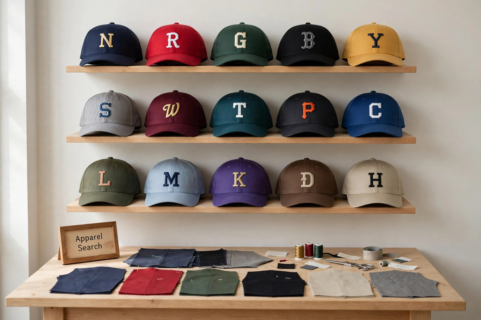 Rows of fitted baseball caps in team colours on display shelves with a work table of cap panels and a small Apparel Search sign, product photography with no people