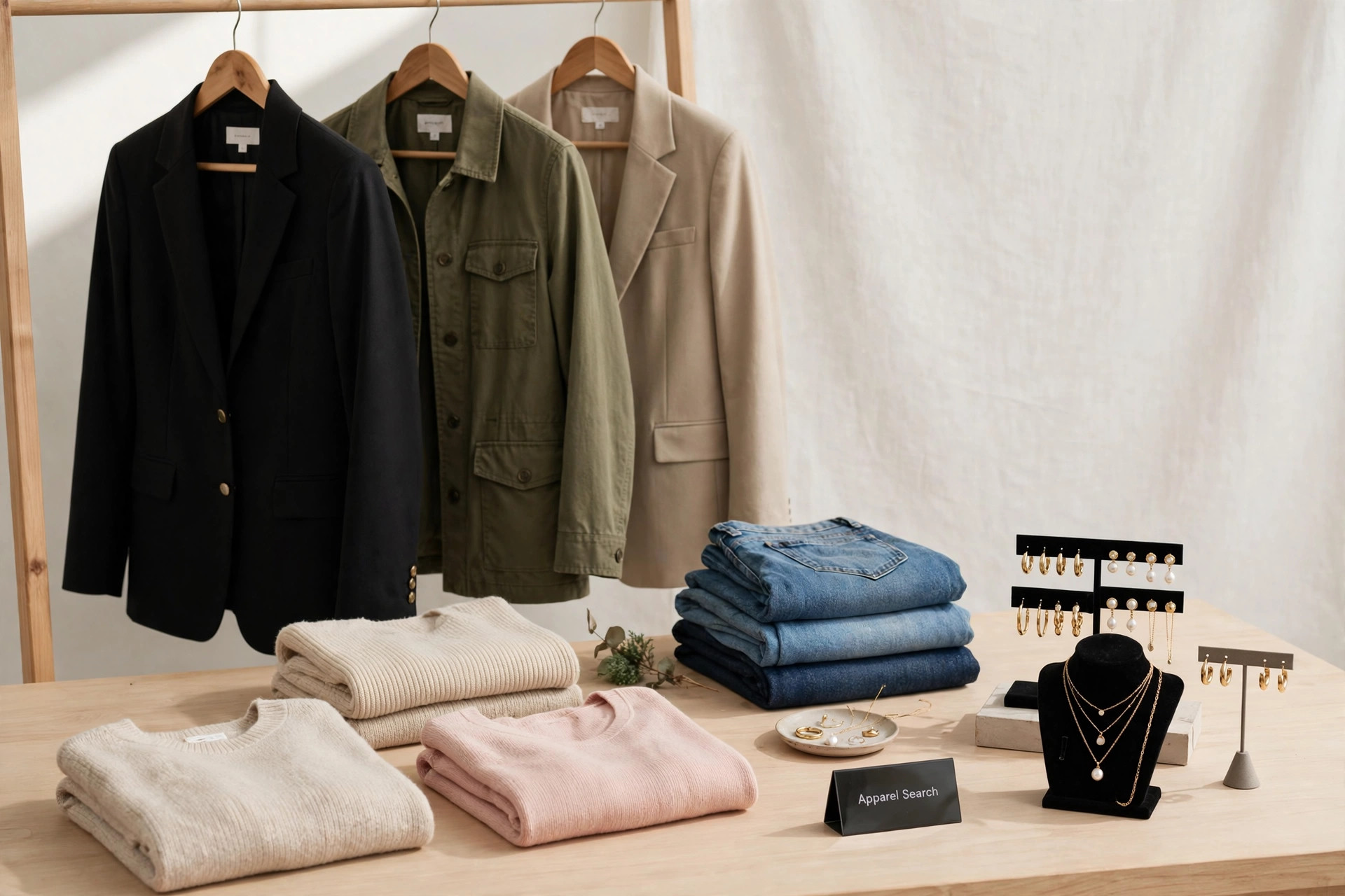 A womens specialty store display with wear-to-work jackets, knit tops, denim and jewelry stands under bright lights and a small Apparel Search sign, product photography with no people