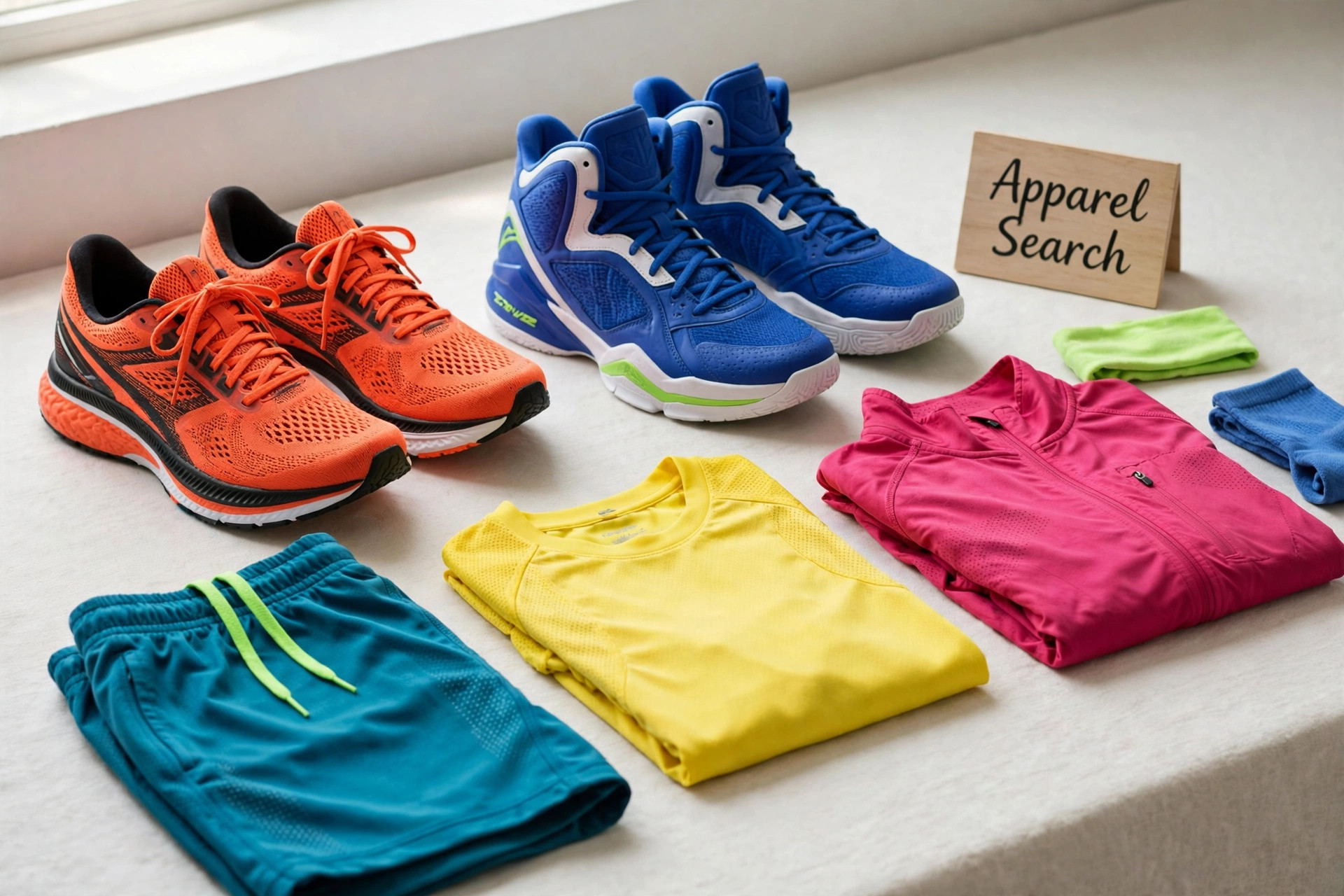 A display of athletic running shoes, basketball sneakers and moisture-wicking training apparel in bold colours with a small Apparel Search sign, product photography with no people