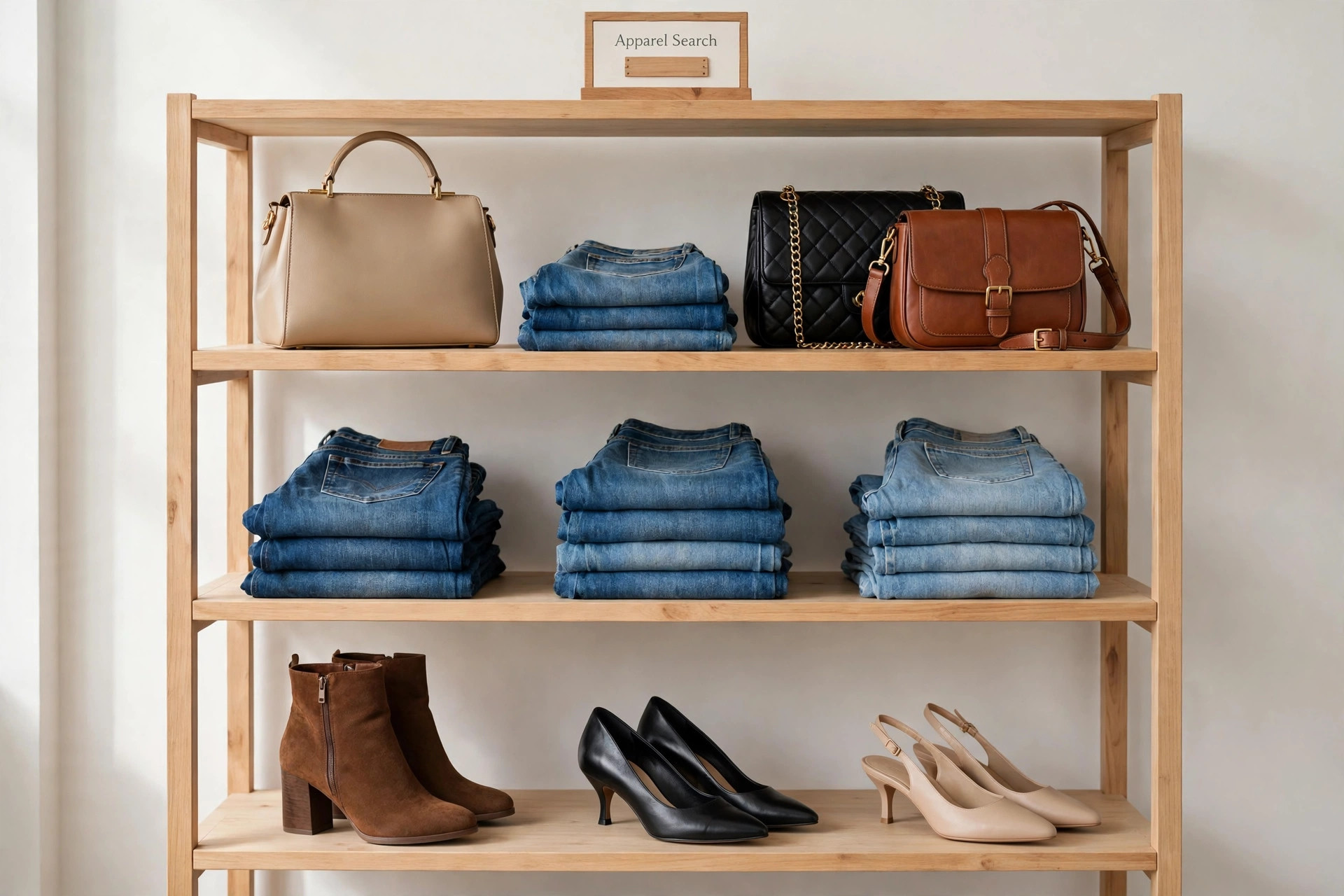 A display of womens dress shoes, boots, handbags and denim on shelves in a studio with a small Apparel Search sign, product photography with no people