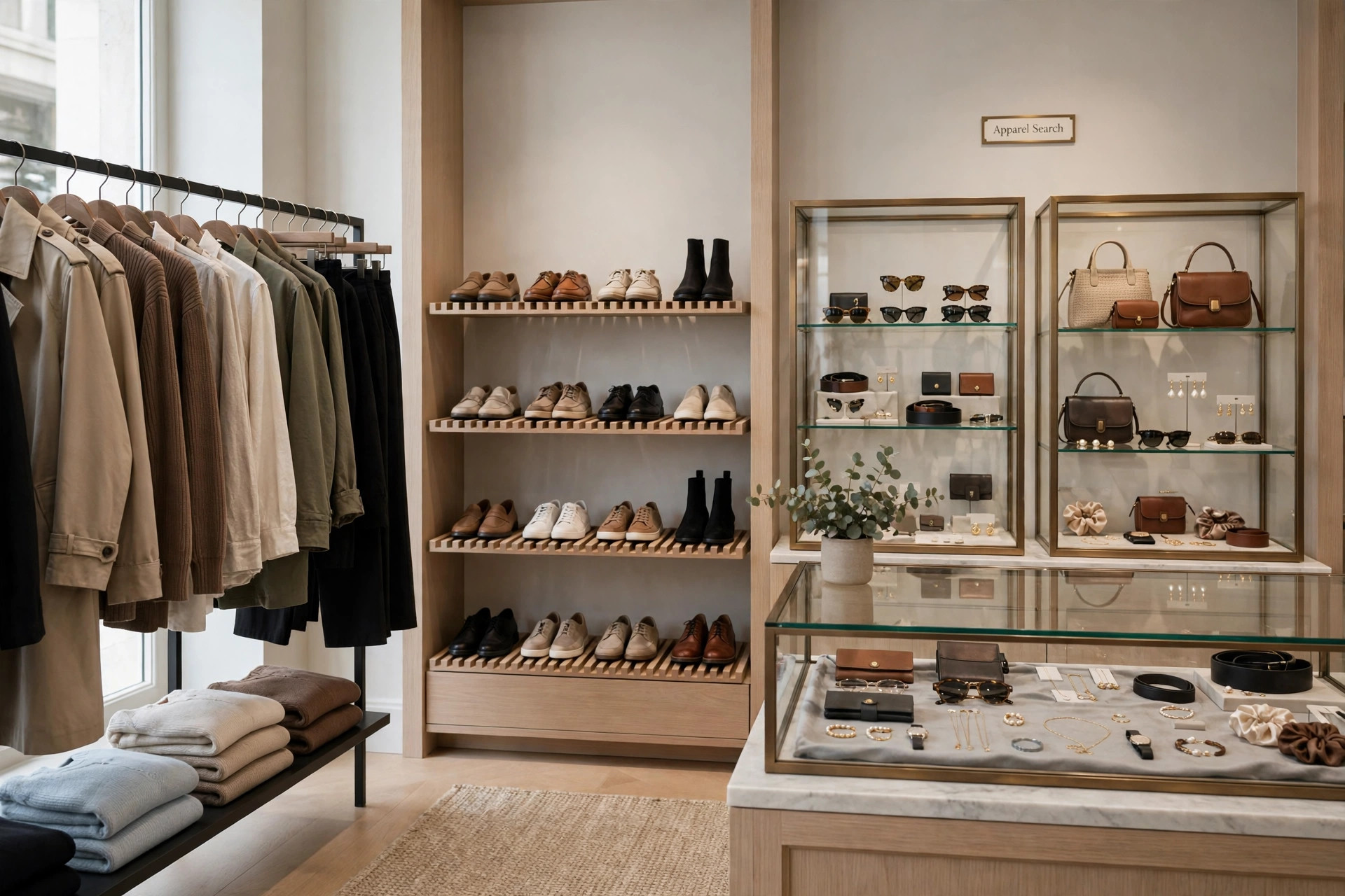 An elegant fashion specialty store interior with apparel racks, a shoe department and accessory cases under bright light and a small Apparel Search sign, product photography with no people