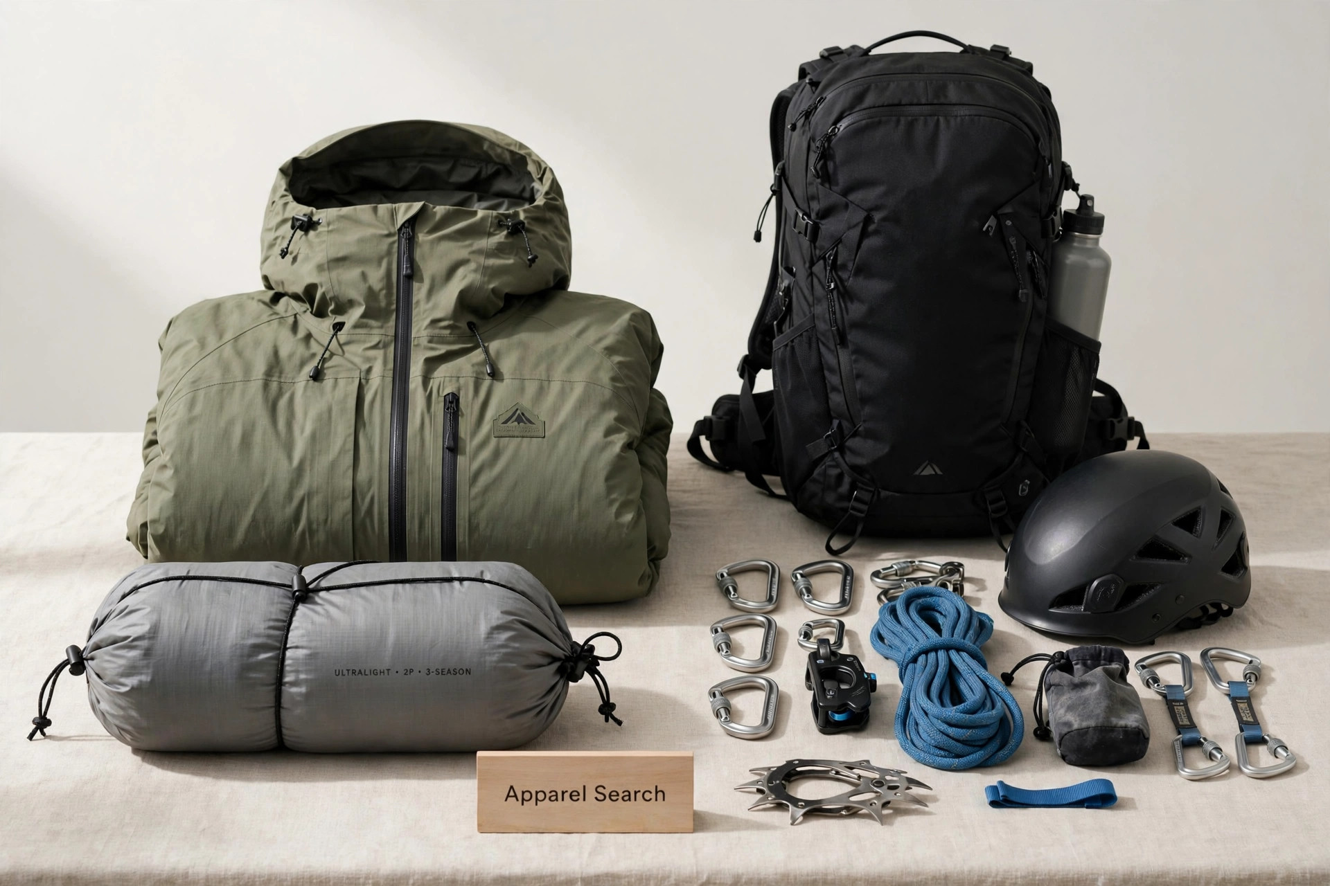 Technical outdoor apparel, a mountaineering parka, backpack, tent and climbing gear arranged on a studio table with a small Apparel Search sign, product photography with no people