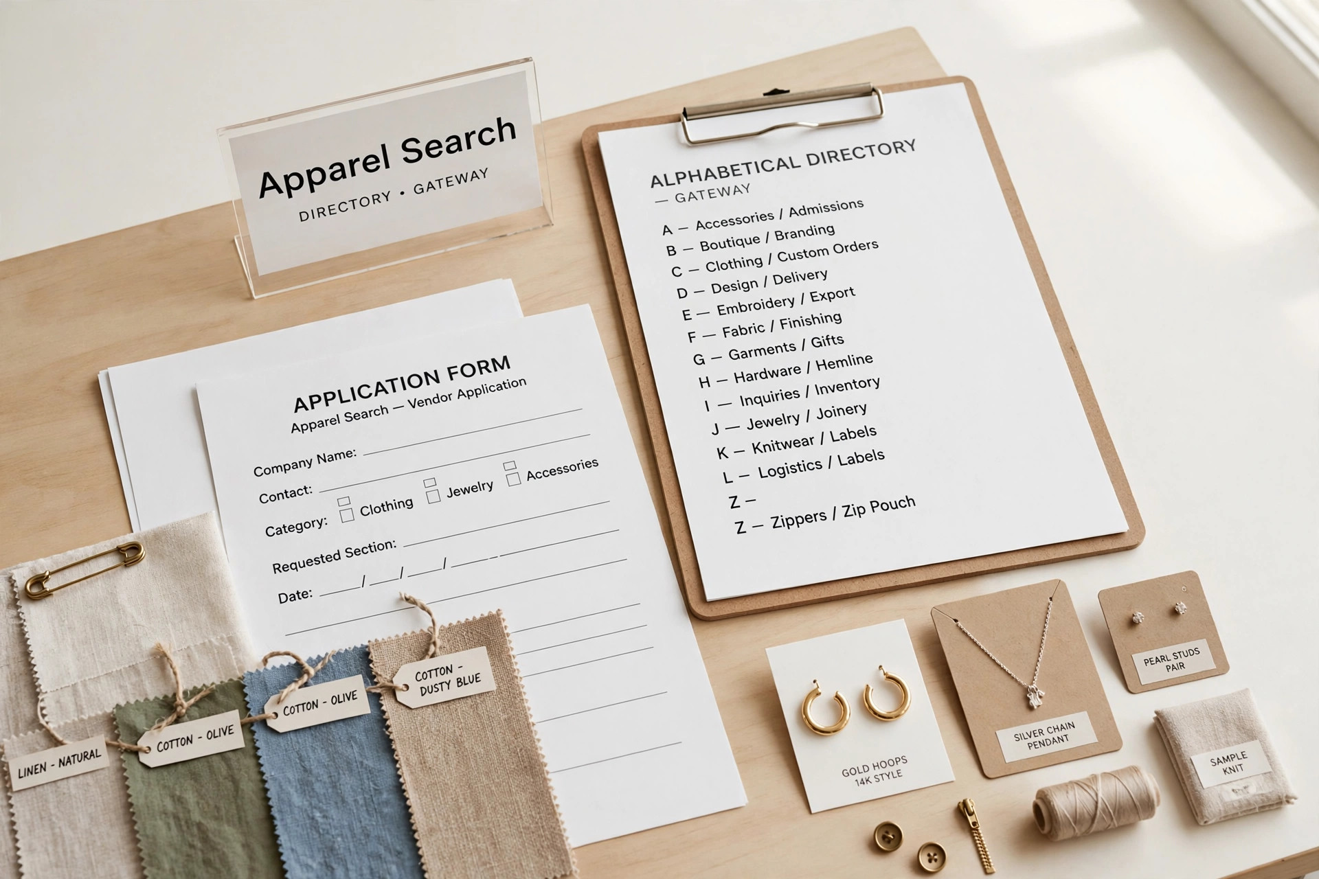 A directory gateway desk with an alphabetical list, application forms, clothing and jewelry samples and a small Apparel Search sign, product photography with no people