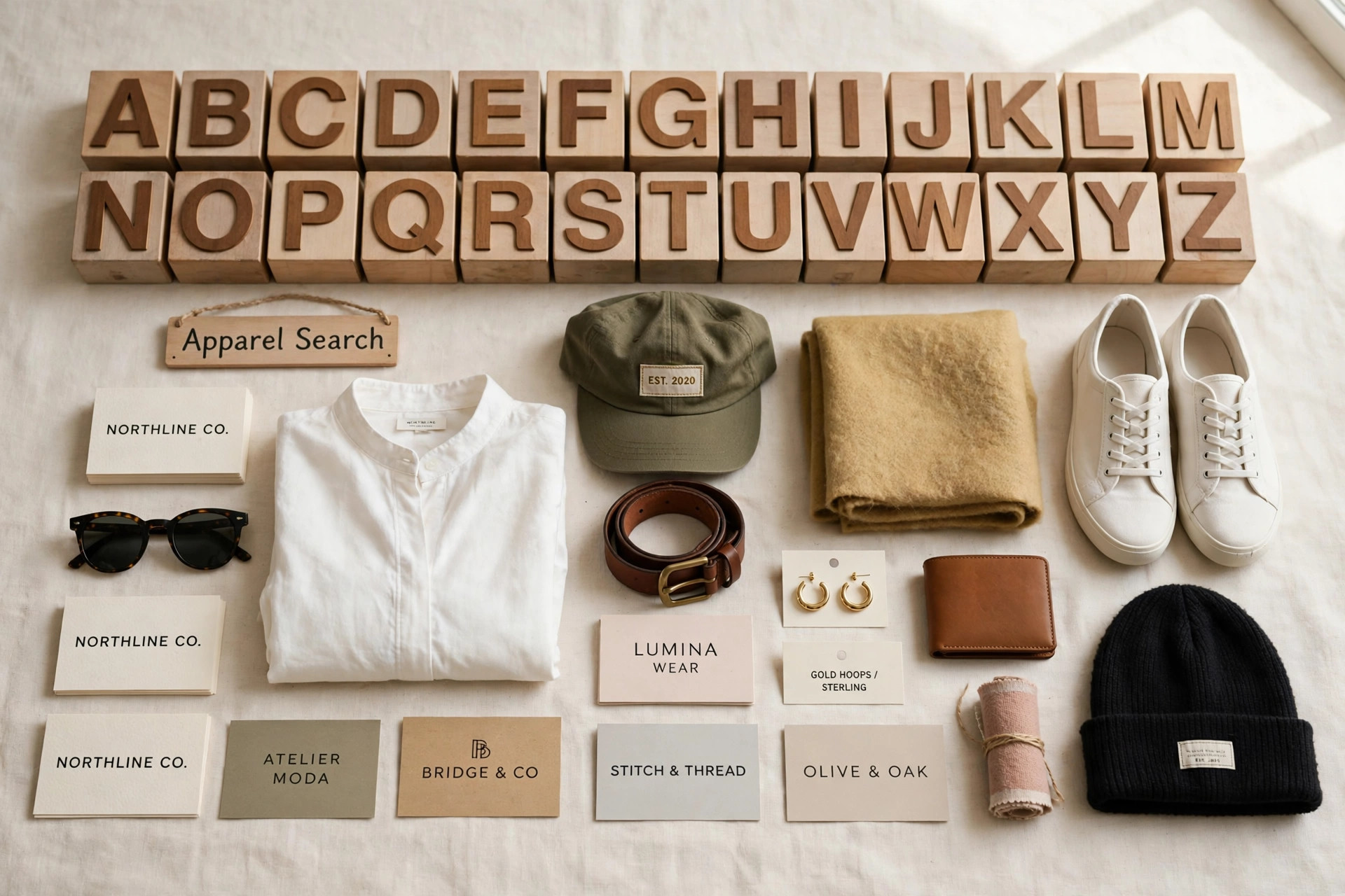 A complete alphabetical index display with large letters A to Z, company name cards and fashion products and a small Apparel Search sign, product photography with no people