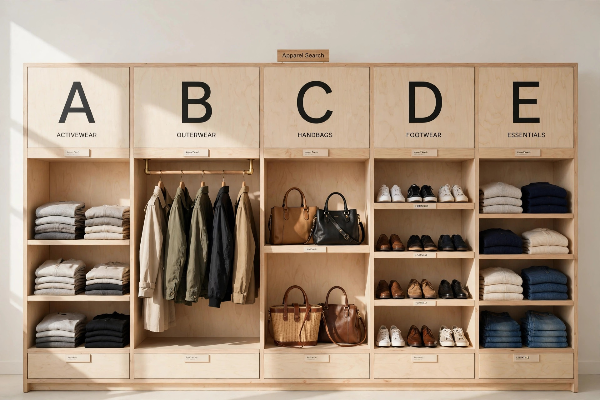 A grand alphabetical directory wall with clothing rails, shoe shelves, handbags and folded garments arranged under letter signs and a small Apparel Search sign, product photography with no people