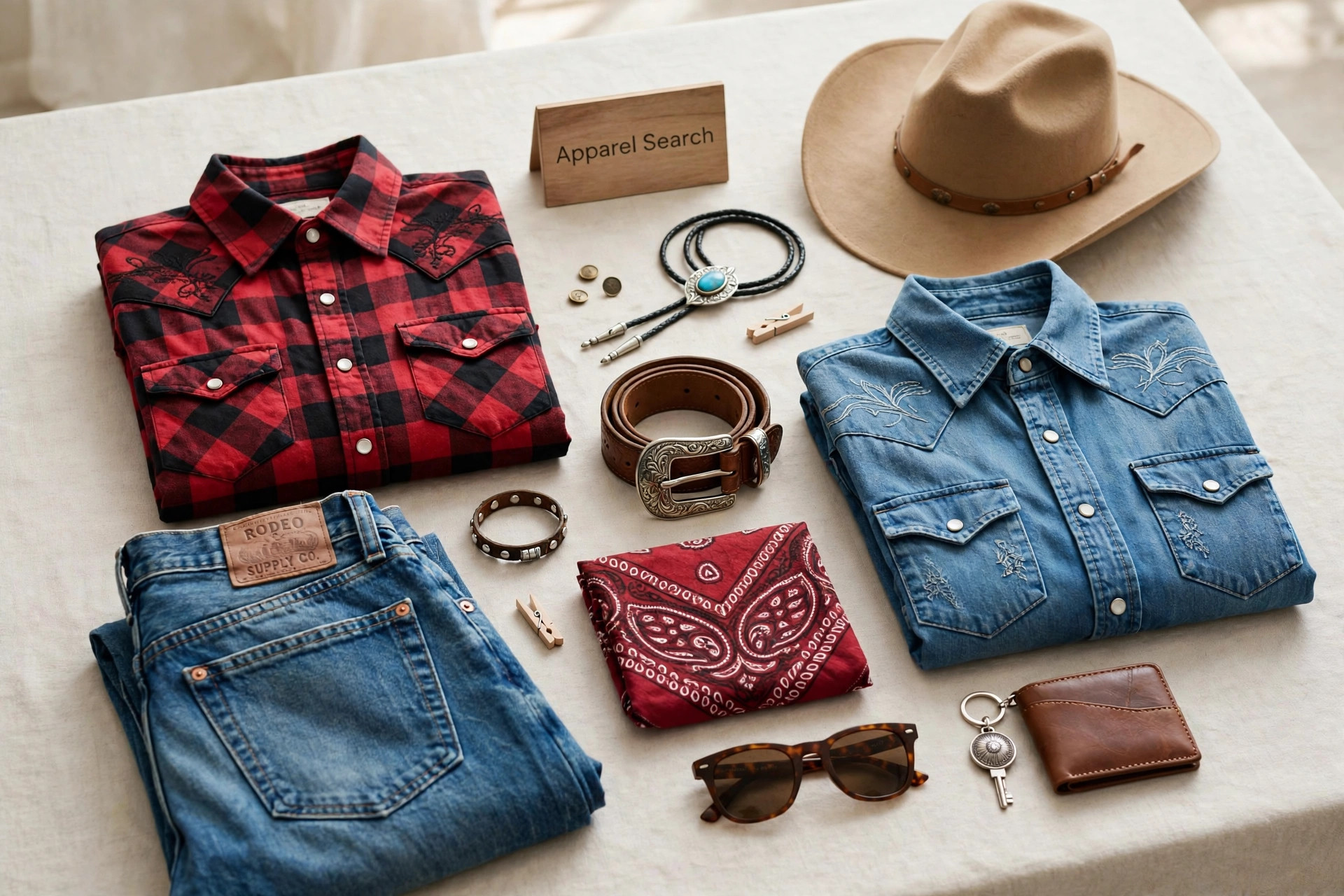Western-style jeans, shirts and accessories arranged on a studio table with a small Apparel Search sign, product photography with no people