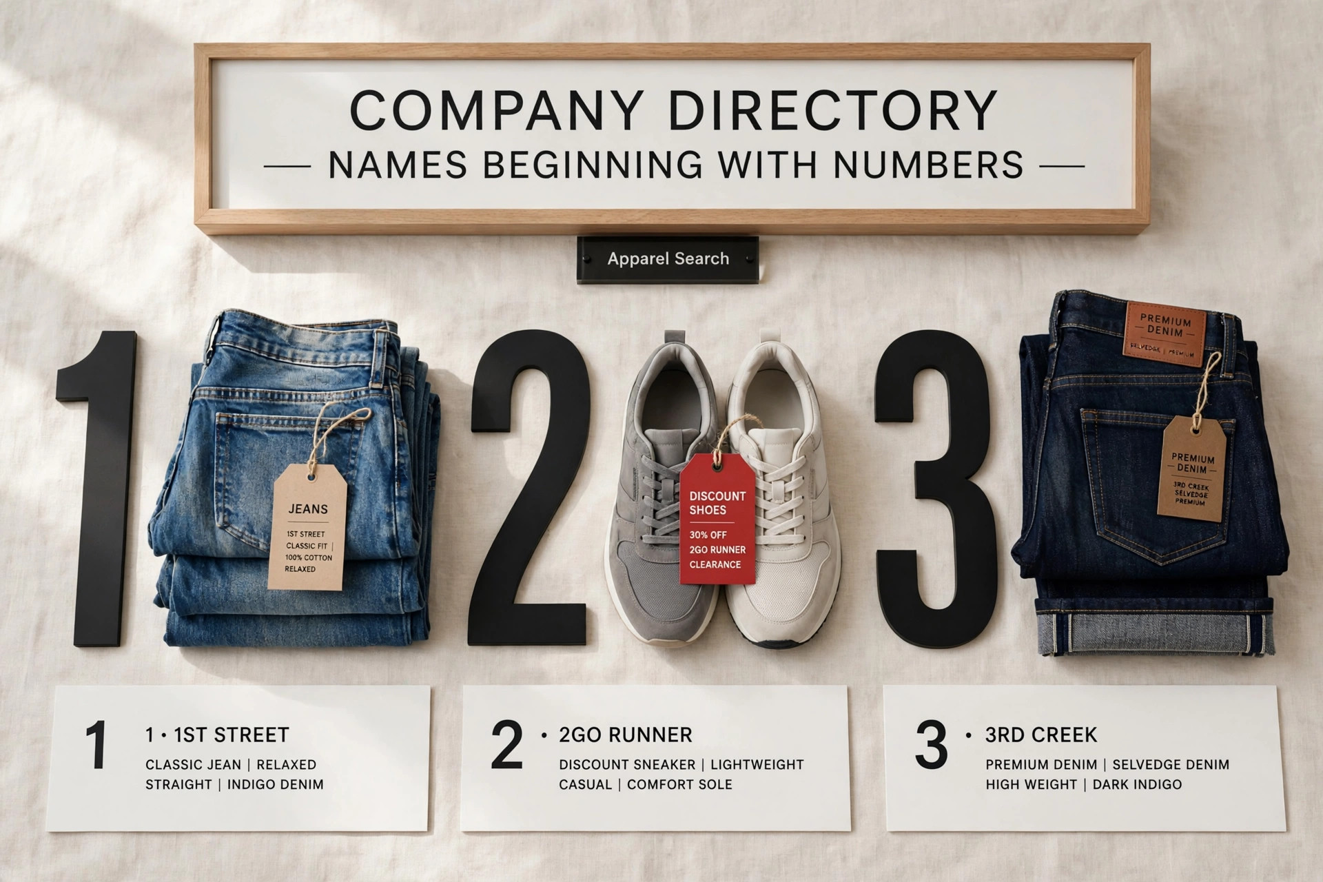 A company directory display for names beginning with numbers, with jeans, discount shoes and premium denim arranged beside large number markers and a small Apparel Search sign, product photography with no people