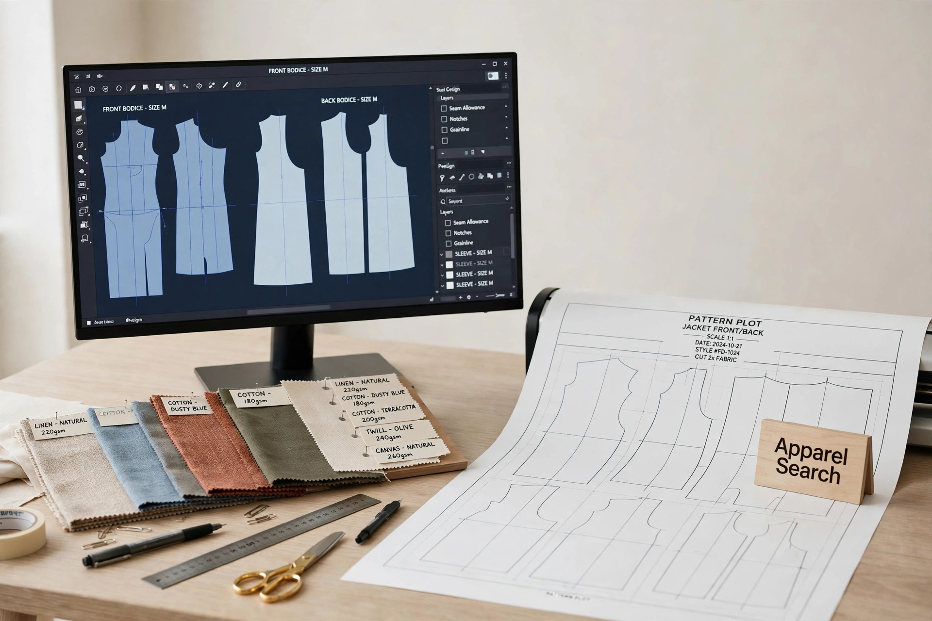 A fashion design studio desk with digital pattern pieces on a monitor, fabric swatches and a plotter printout beside a small Apparel Search sign, product photography with no people