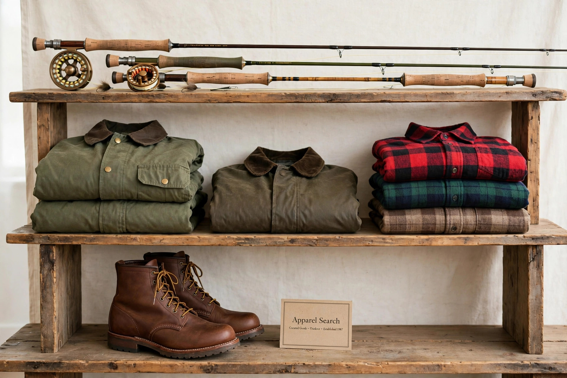 A country store display with fly fishing rods, waxed jackets, flannel shirts and leather boots on wooden shelves with a small Apparel Search card, product photography with no people