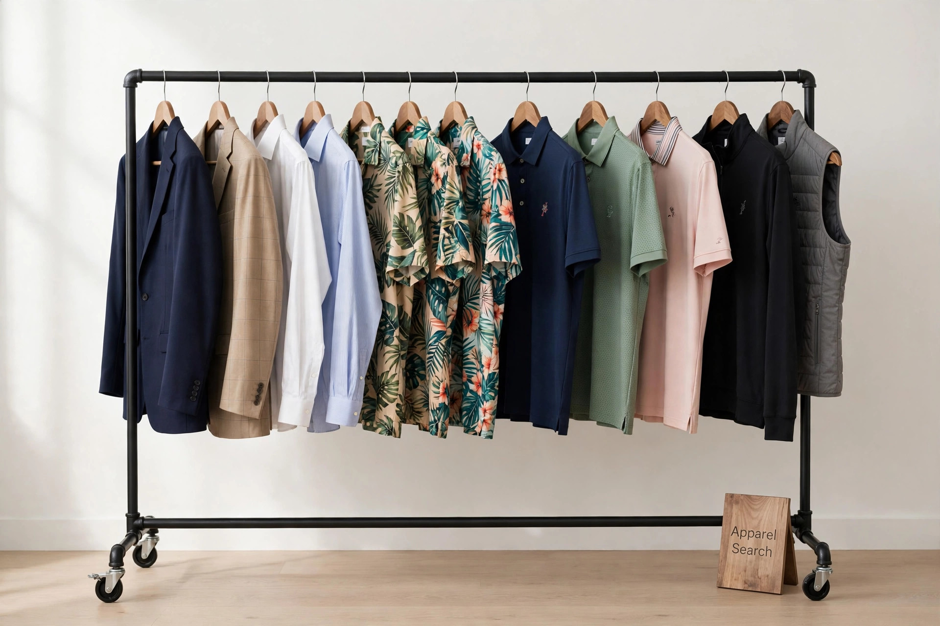 A menswear showroom rail with dress shirts, tailored jackets, tropical print sportswear and golf apparel beside a small Apparel Search sign, product photography with no people