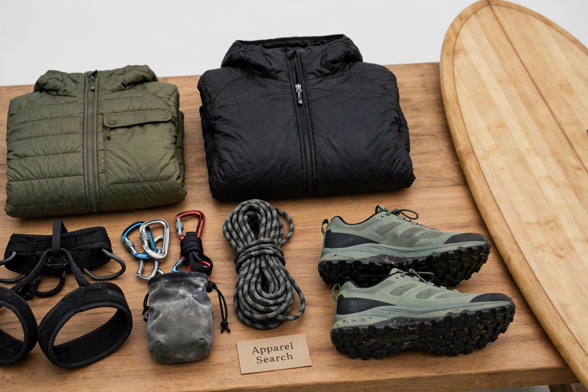 Outdoor clothing and gear arranged on a wooden table, insulated jackets, climbing gear, a surfboard edge and trail shoes with a small Apparel Search sign, product photography with no people