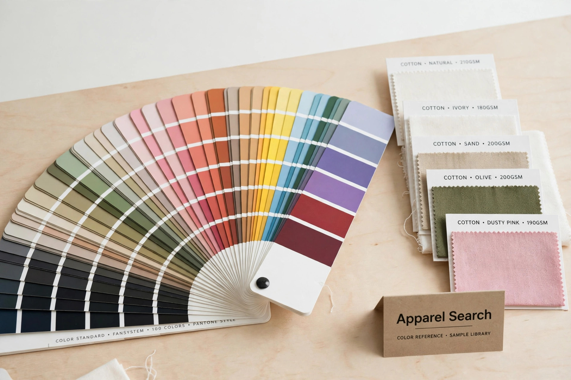 A fan deck of standardized color swatches fanned across a worktable with cotton fabric color cards and a small Apparel Search sign, product photography with no people