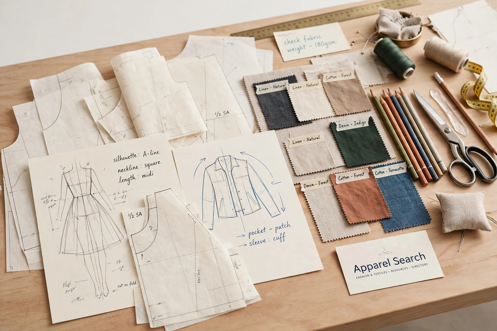 A design school studio table with fashion sketches, dress form fabric swatches, pattern paper and art supplies beside a small Apparel Search card, product photography with no people
