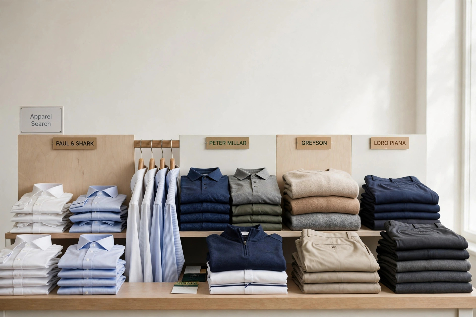 A menswear licensing showroom with dress shirts, golf sportswear, sweaters and dress pants arranged by brand beside a small Apparel Search sign, product photography with no people