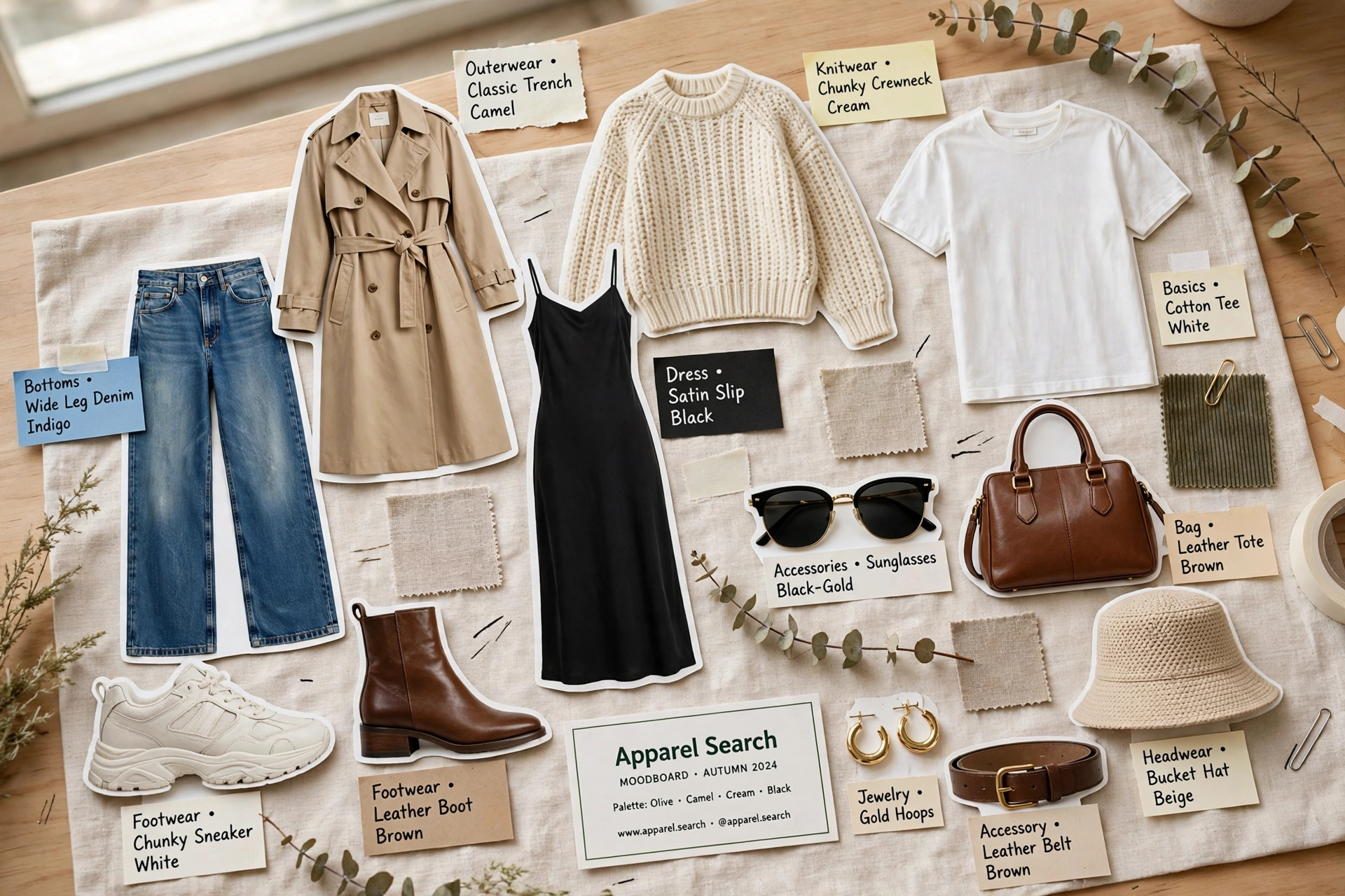 A digital mood board collage laid out as printed fashion cutouts, clothing, shoes and accessories arranged in sets on a desk with a small Apparel Search card, product photography with no people