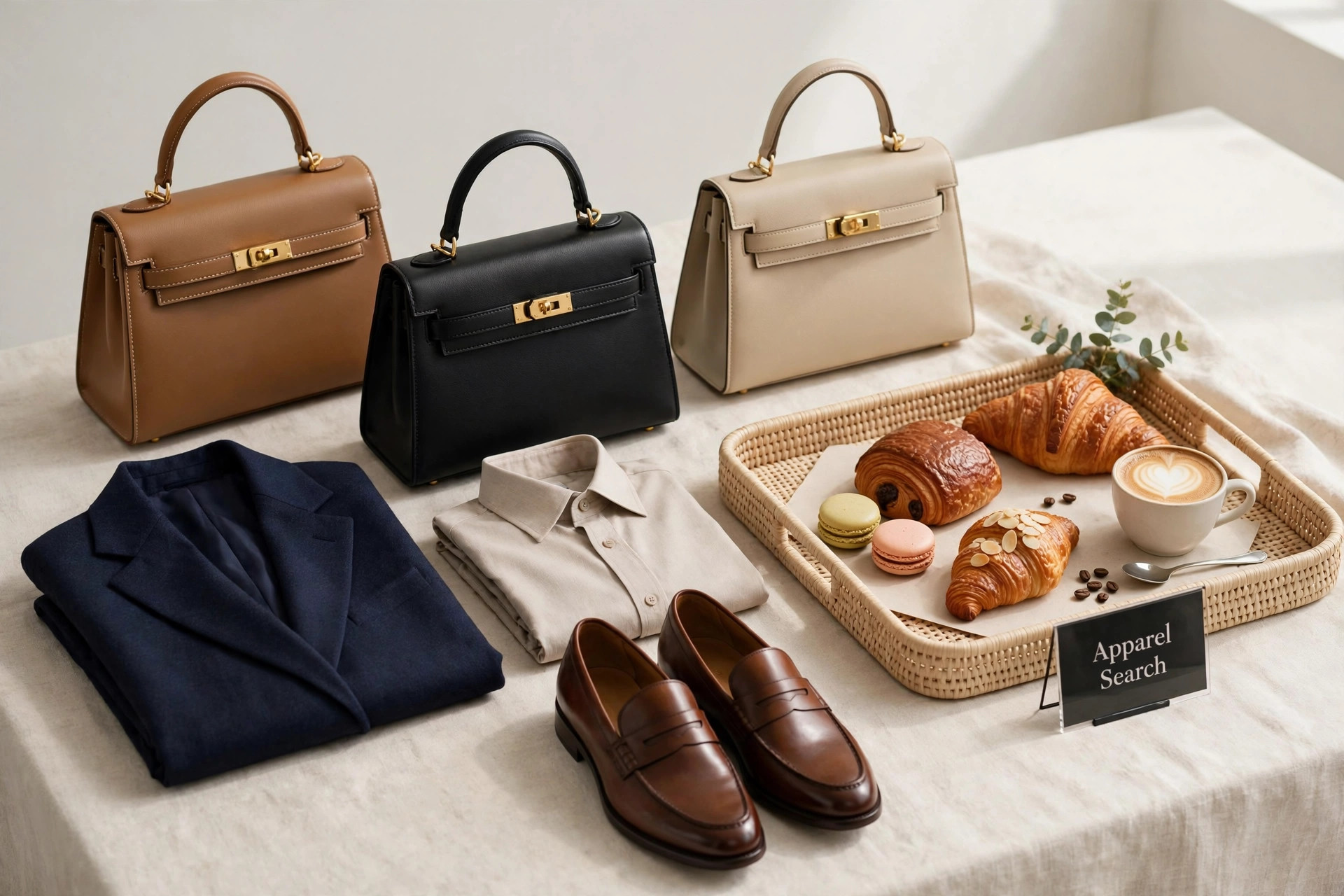 A luxury boutique display with structured handbags, tailored clothing, leather shoes and a pastry cafe tray arranged elegantly with a small Apparel Search sign, product photography with no people