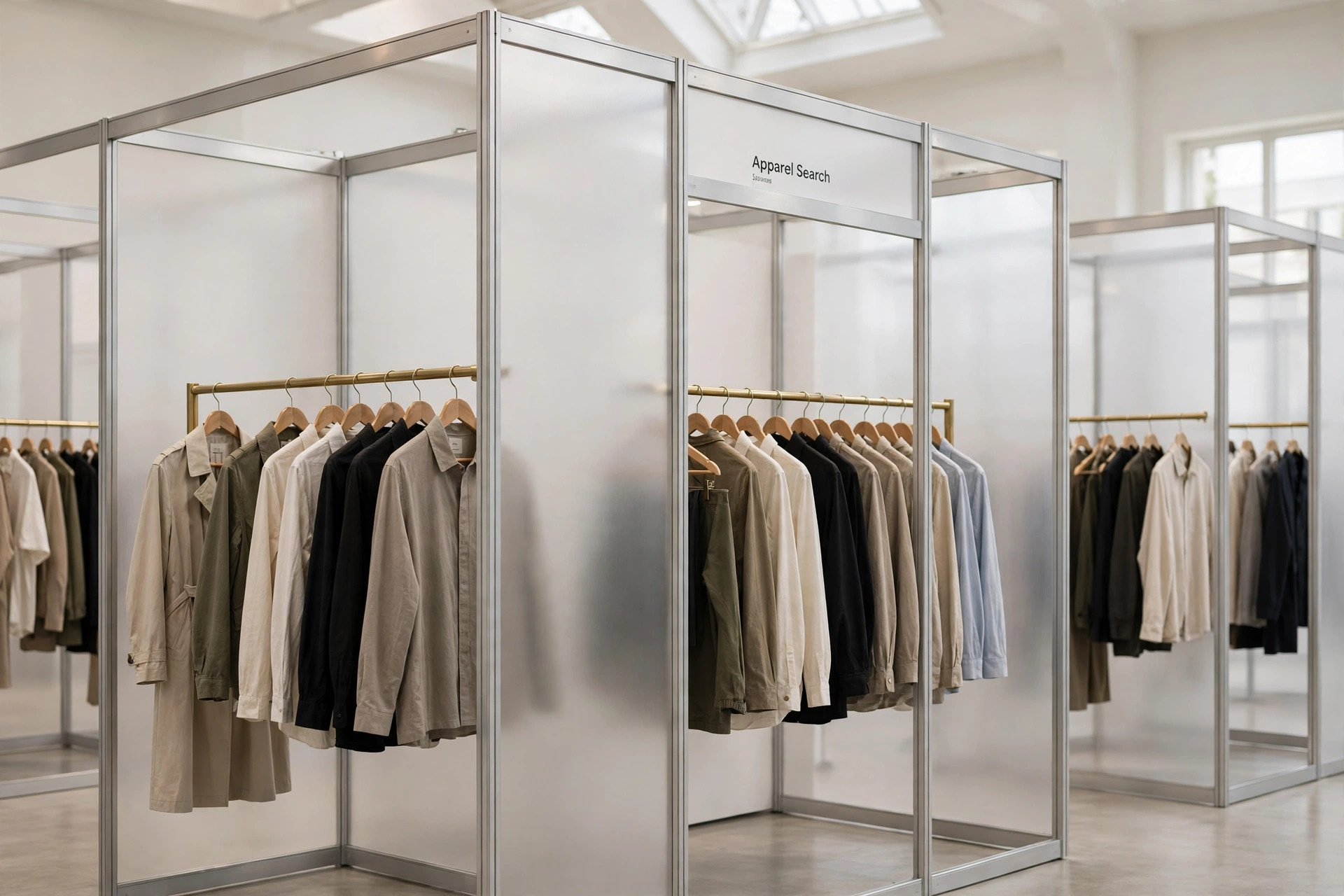 A premium fashion trade show floor with uniform booth frameworks, translucent walls and clothing rails arranged in a bright hall with a small Apparel Search sign, product photography with no people