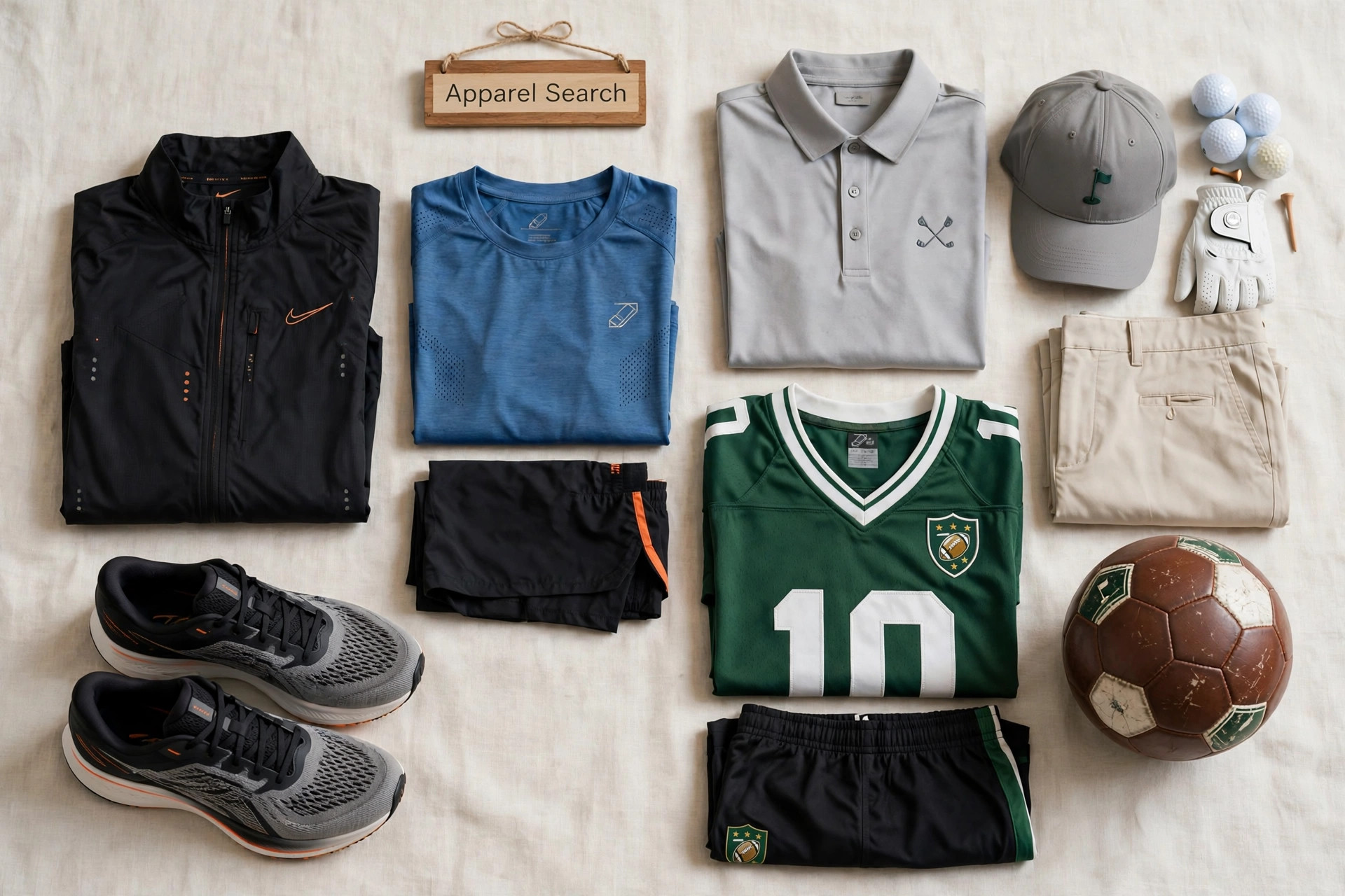 Sports footwear, running apparel, football and golf clothing arranged as a performance product display with a small Apparel Search sign, product photography with no people