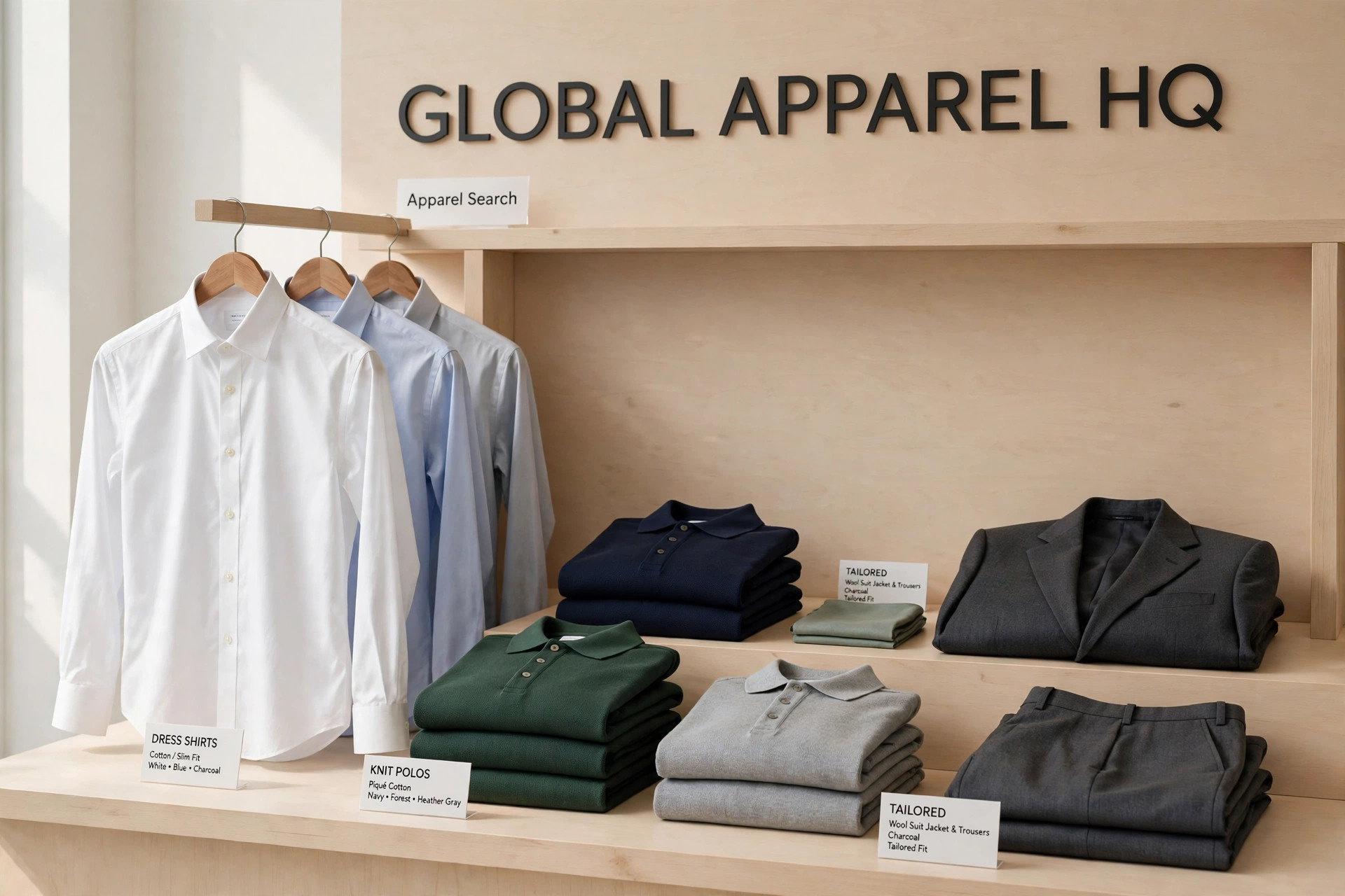 A global apparel headquarters display with dress shirts, knit polo shirts, tailored clothing and brand signage arranged in a showroom with a small Apparel Search sign, product photography with no people