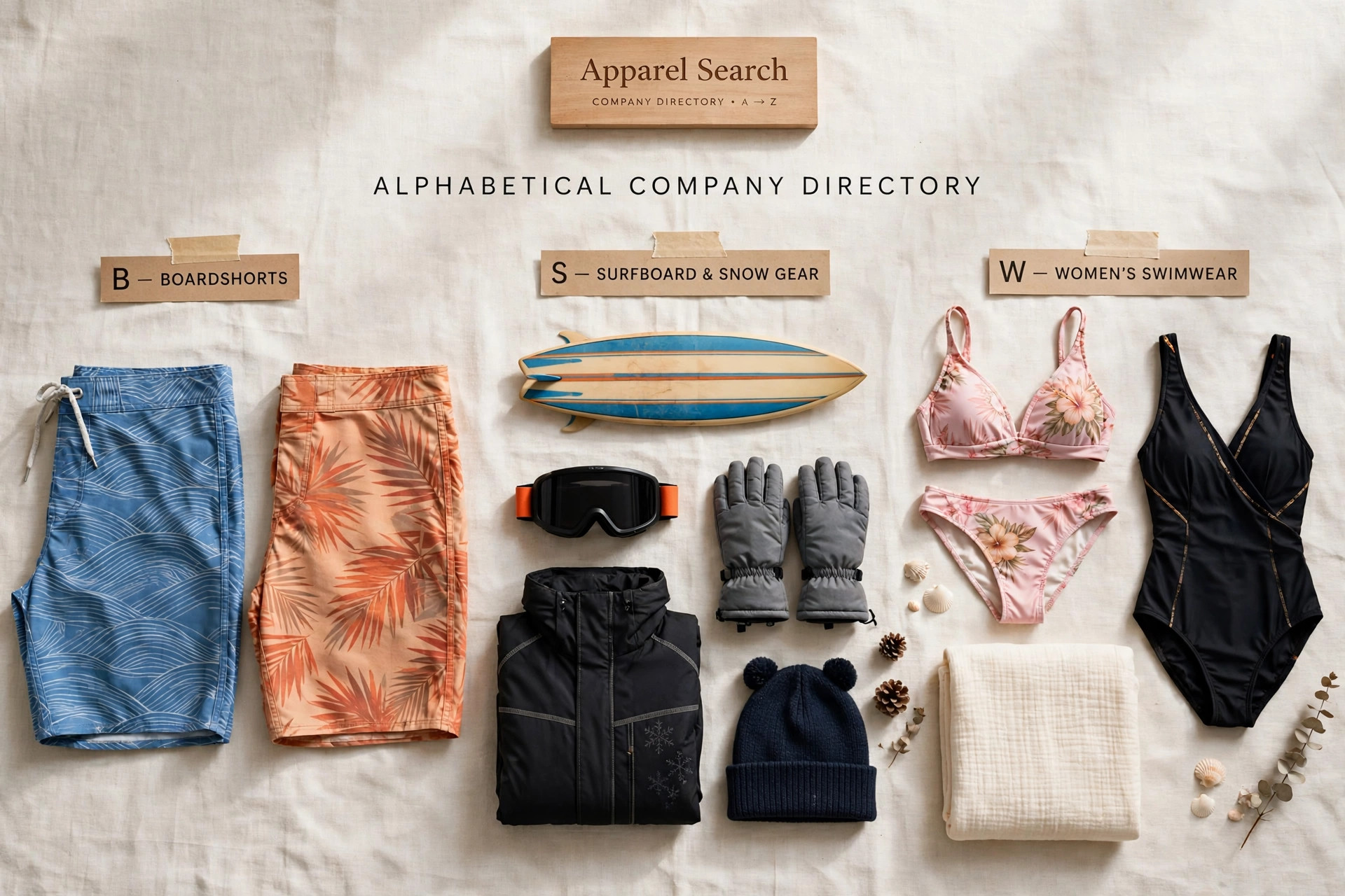 An alphabetical company directory display with boardshorts, a surfboard, women's swimwear and snow gear arranged by letter and a small Apparel Search sign, product photography with no people