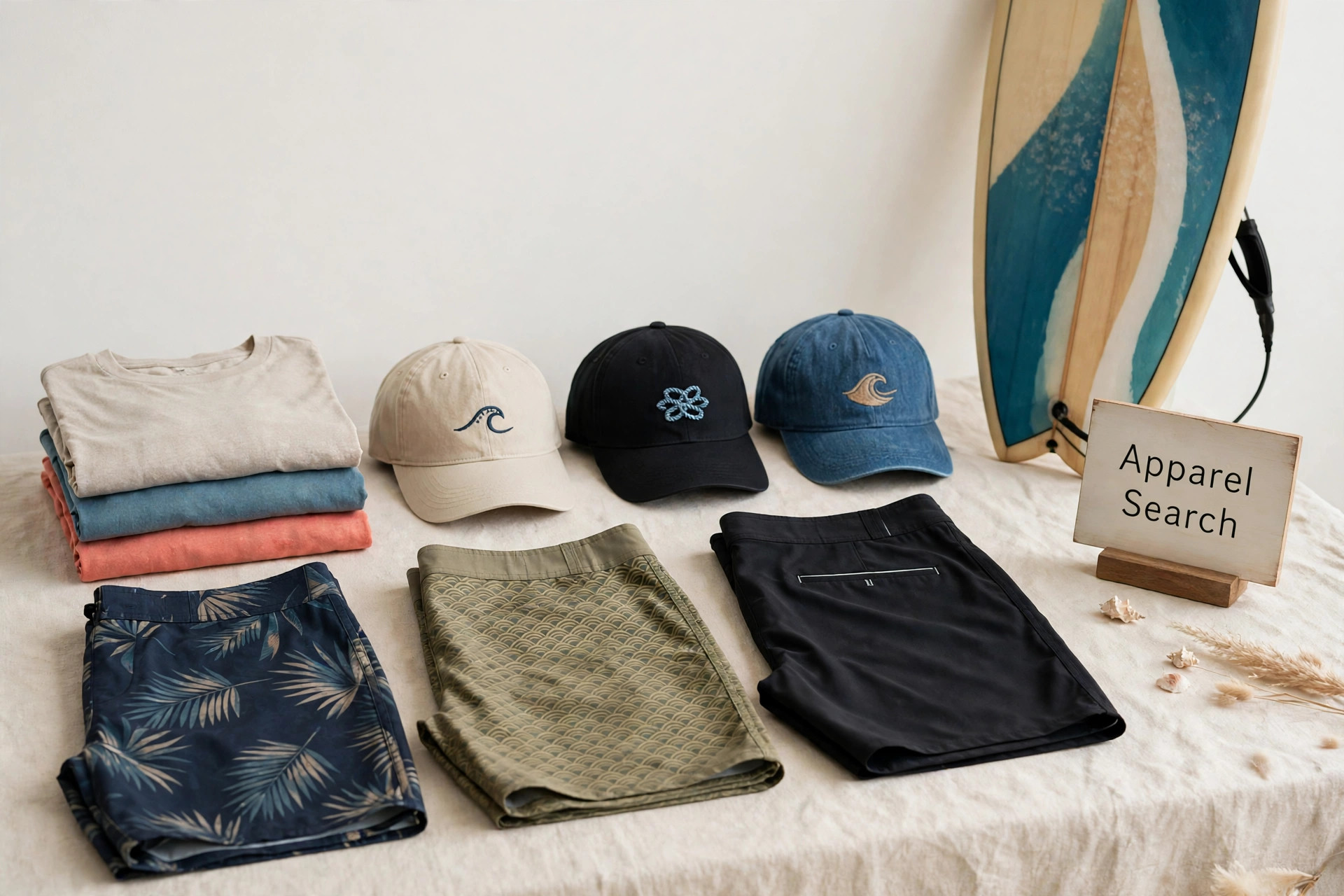 A surf shop display with boardshorts, t-shirts, caps and a surfboard leaning beside a small Apparel Search sign, product photography with no people