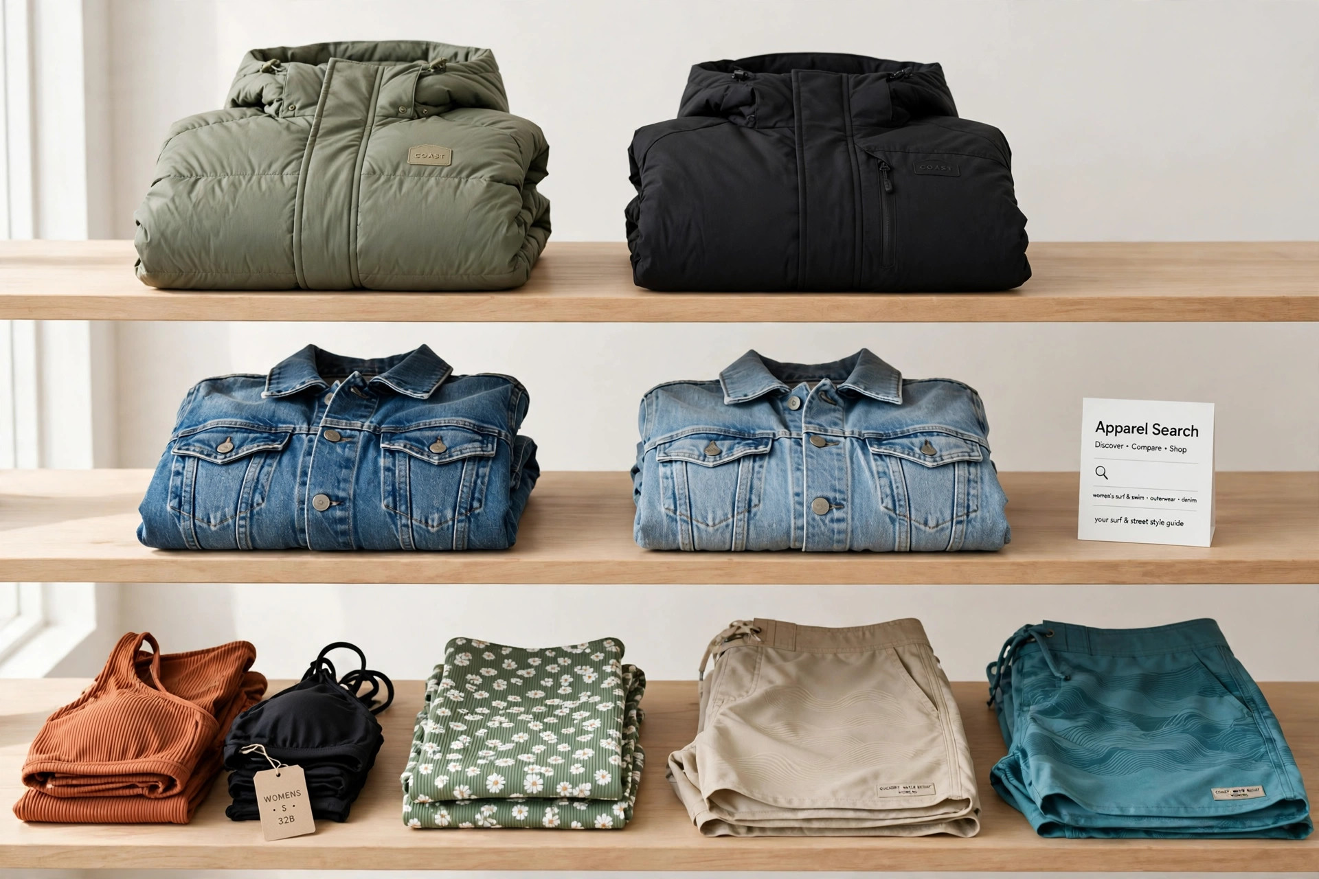 A women's surf shop display with swimwear, boardshorts, denim and snow jackets folded on shelves beside a small Apparel Search card, product photography with no people