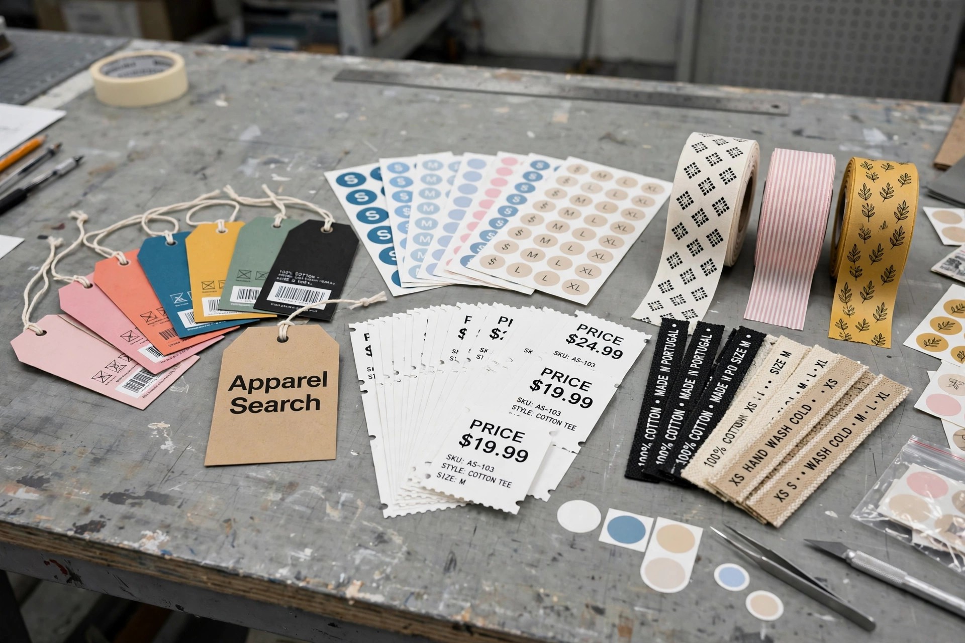 A printing workshop table with colorful clothing hangtags, woven labels, price tickets and size stickers fanned out beside printed ribbon rolls, one hangtag printed Apparel Search, product photography with no people