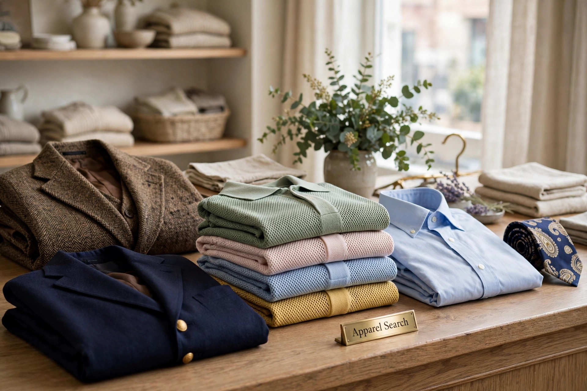 A boutique display of classic American luxury clothing - a navy blazer, folded mesh polo shirts in several colors, an oxford shirt, a tweed jacket and a silk tie - with a small Apparel Search plaque on the counter, product photography with no people