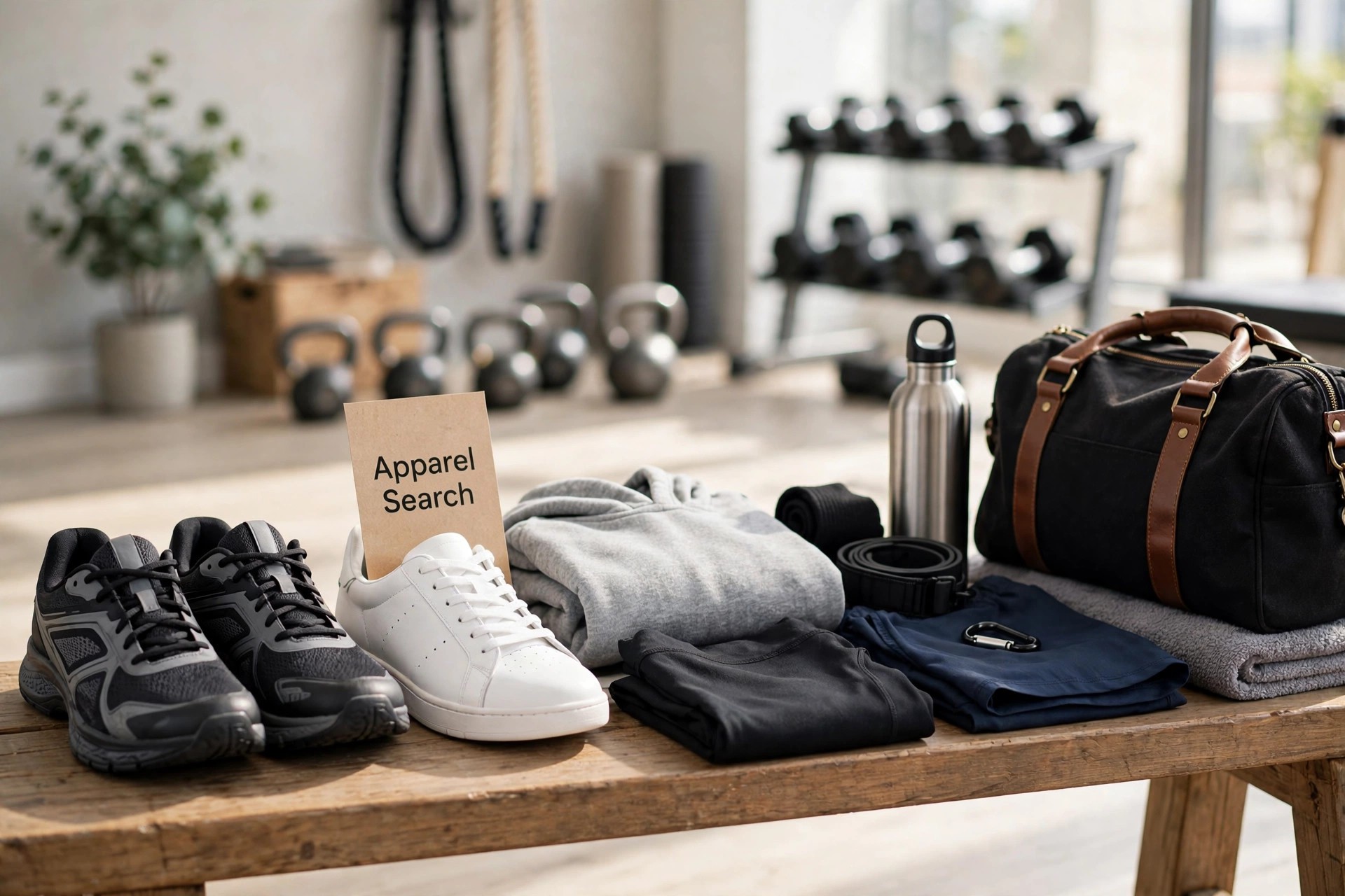 A fitness product display of athletic training shoes, classic white leather sneakers, workout apparel and a gym bag on a studio bench, with a small Apparel Search card, product photography with no people
