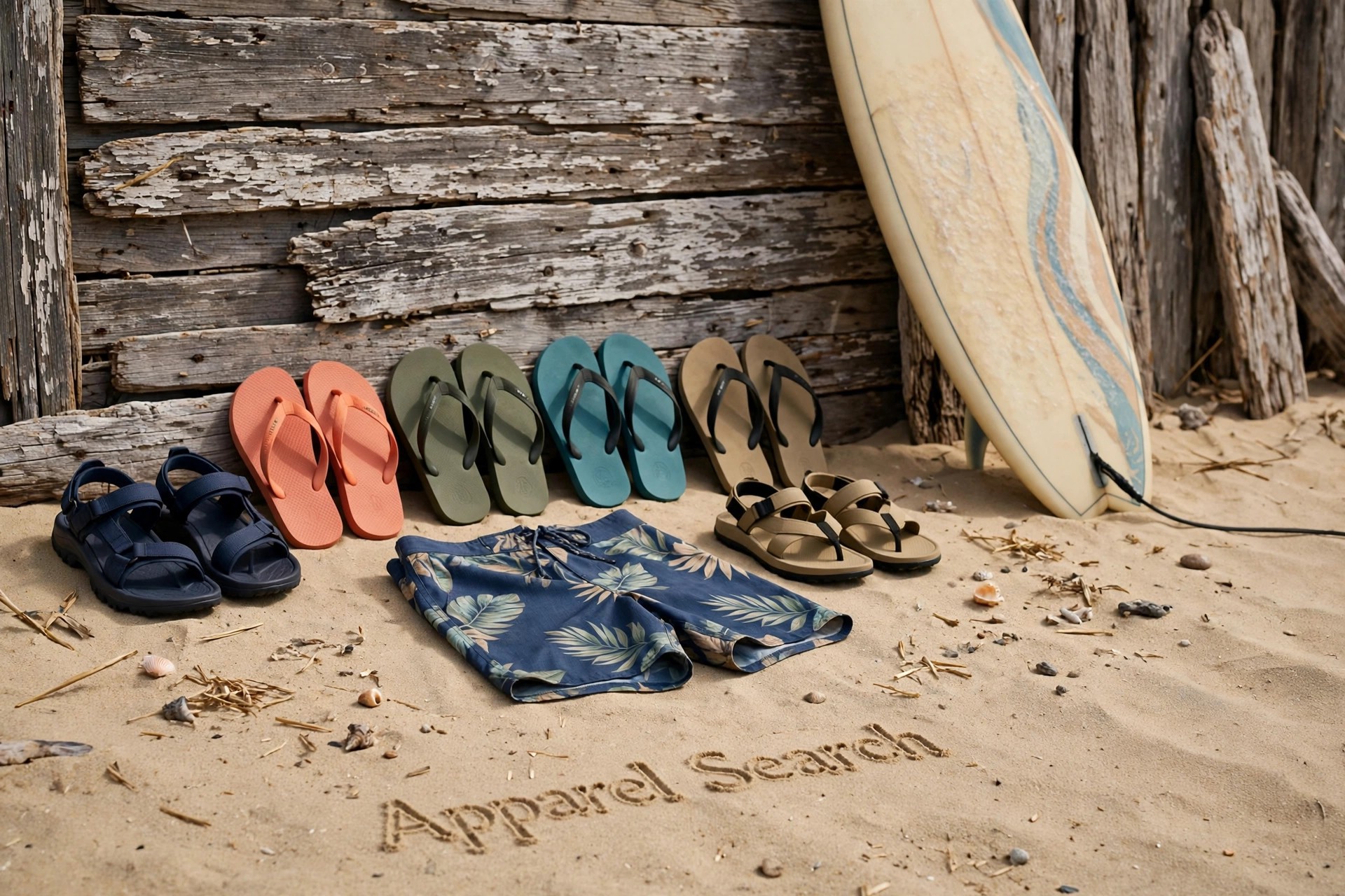 A beach lifestyle display of surf sandals and flip-flops in several colors, boardshorts and a surfboard against a weathered wooden wall, with Apparel Search written small in the sand, product photography with no people
