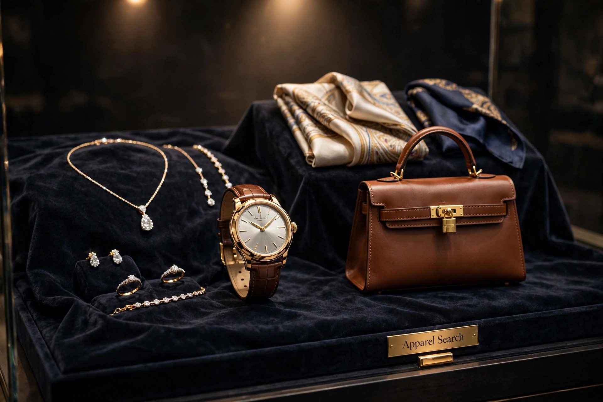 A luxury boutique vitrine with fine jewelry, an elegant wristwatch, a leather handbag and silk accessories on dark velvet, with a small gold Apparel Search plaque, product photography with no people