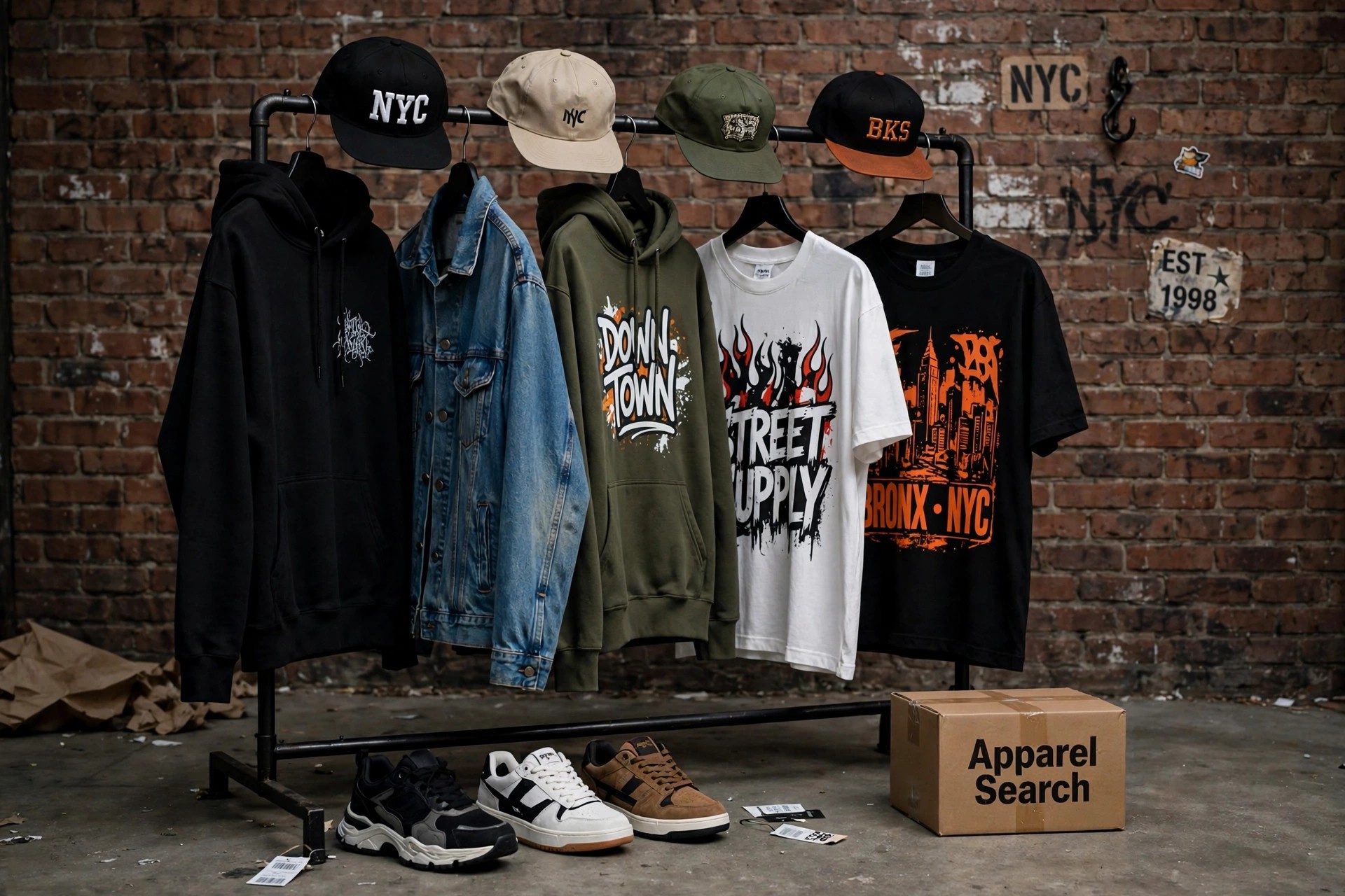 An urban streetwear display - hoodies, denim jackets, graphic t-shirts, caps and sneakers against a brick wall backdrop, with a small Apparel Search shipping carton beside the rack, product photography with no people