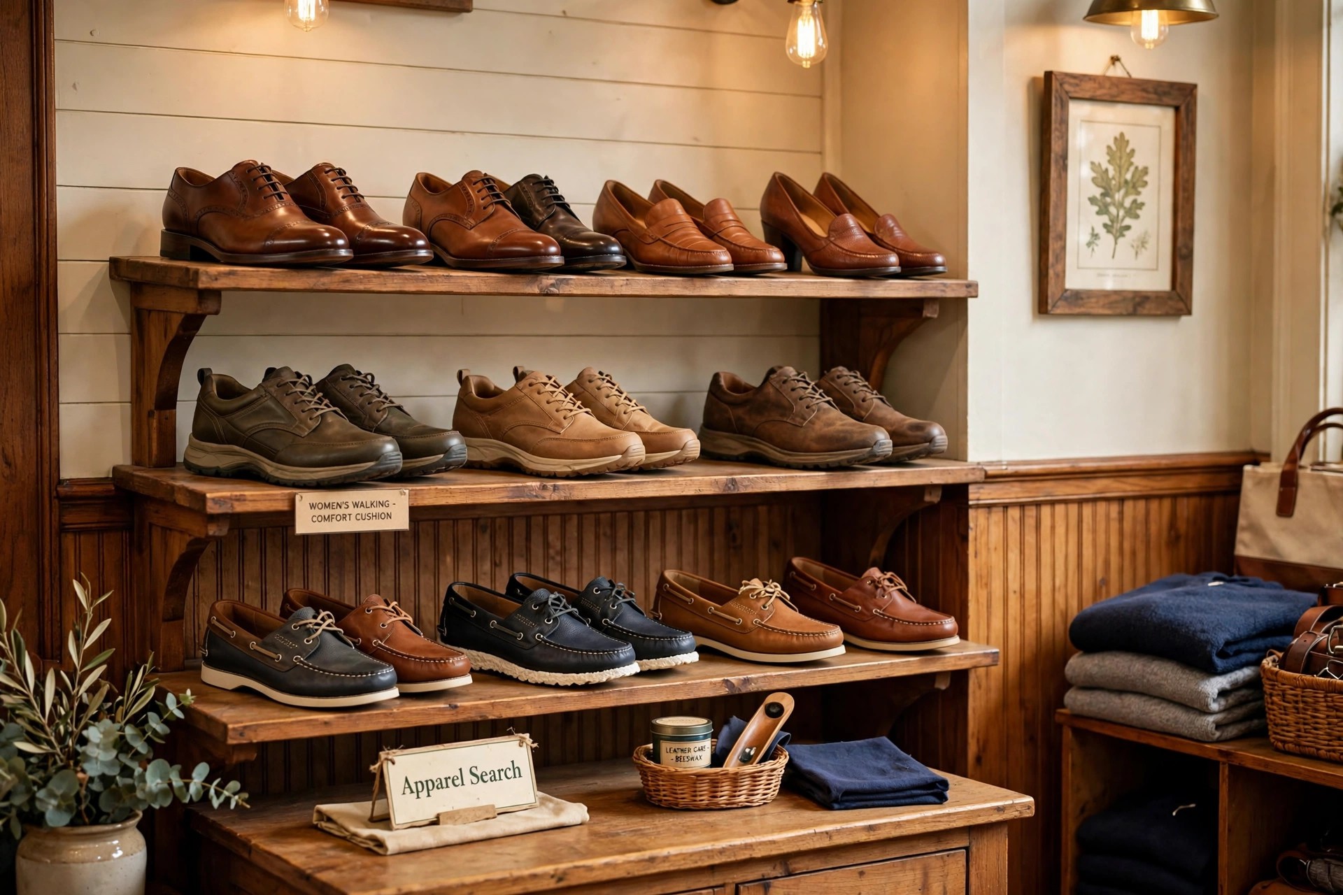 A footwear display of men's and women's comfort dress shoes, walking shoes and boat shoes in leather on tiered shelves in a New England style shoe store, with a small Apparel Search counter sign, product photography with no people