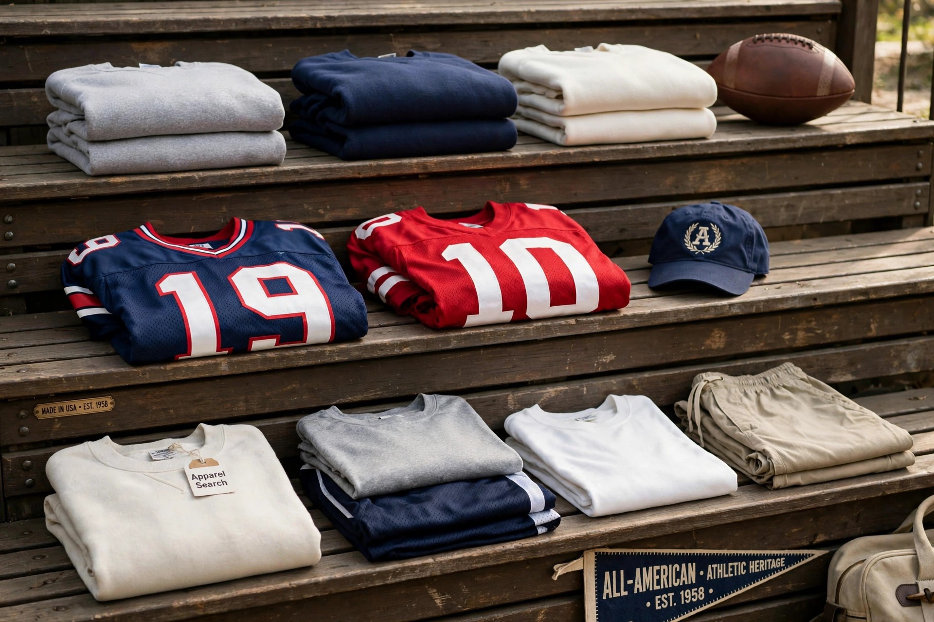 A team sports apparel display - classic sweatshirts, jerseys, athletic t-shirts and shorts folded on bleacher-style shelves with a football and a baseball cap, one sweatshirt tag reading Apparel Search, product photography with no people