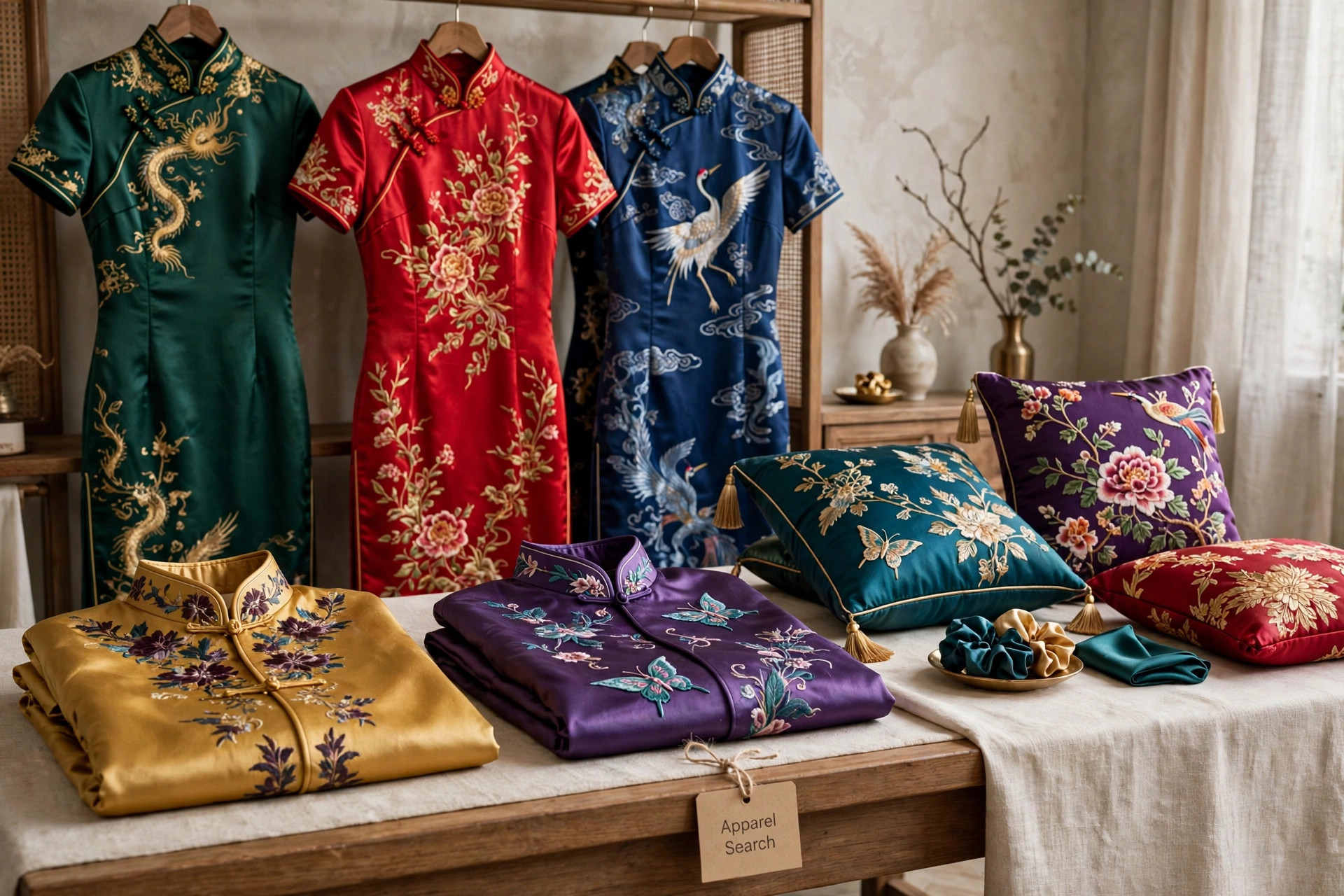 A luxury boutique display of colorful silk qipao dresses, mandarin-collar jackets and embroidered cushions in vivid jewel tones, with a small Apparel Search tag, product photography with no people