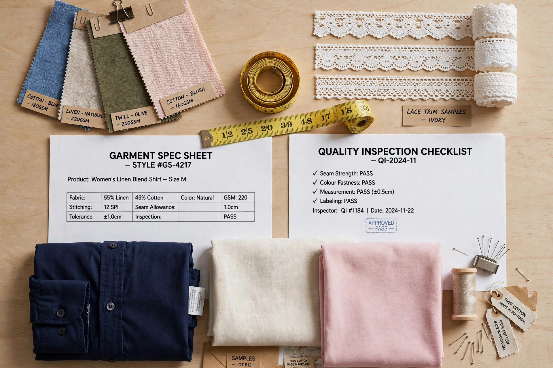 A flat lay of fabric swatches, lace trim samples, measuring tape, spec sheets and garment samples arranged on a quality inspection table, no people, product photography