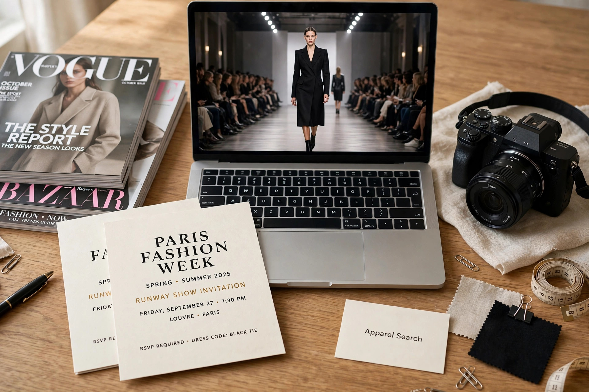 A fashion media desk display of a laptop showing runway photography, printed show invitations, a camera and fashion magazines, with a small Apparel Search card, product photography with no people