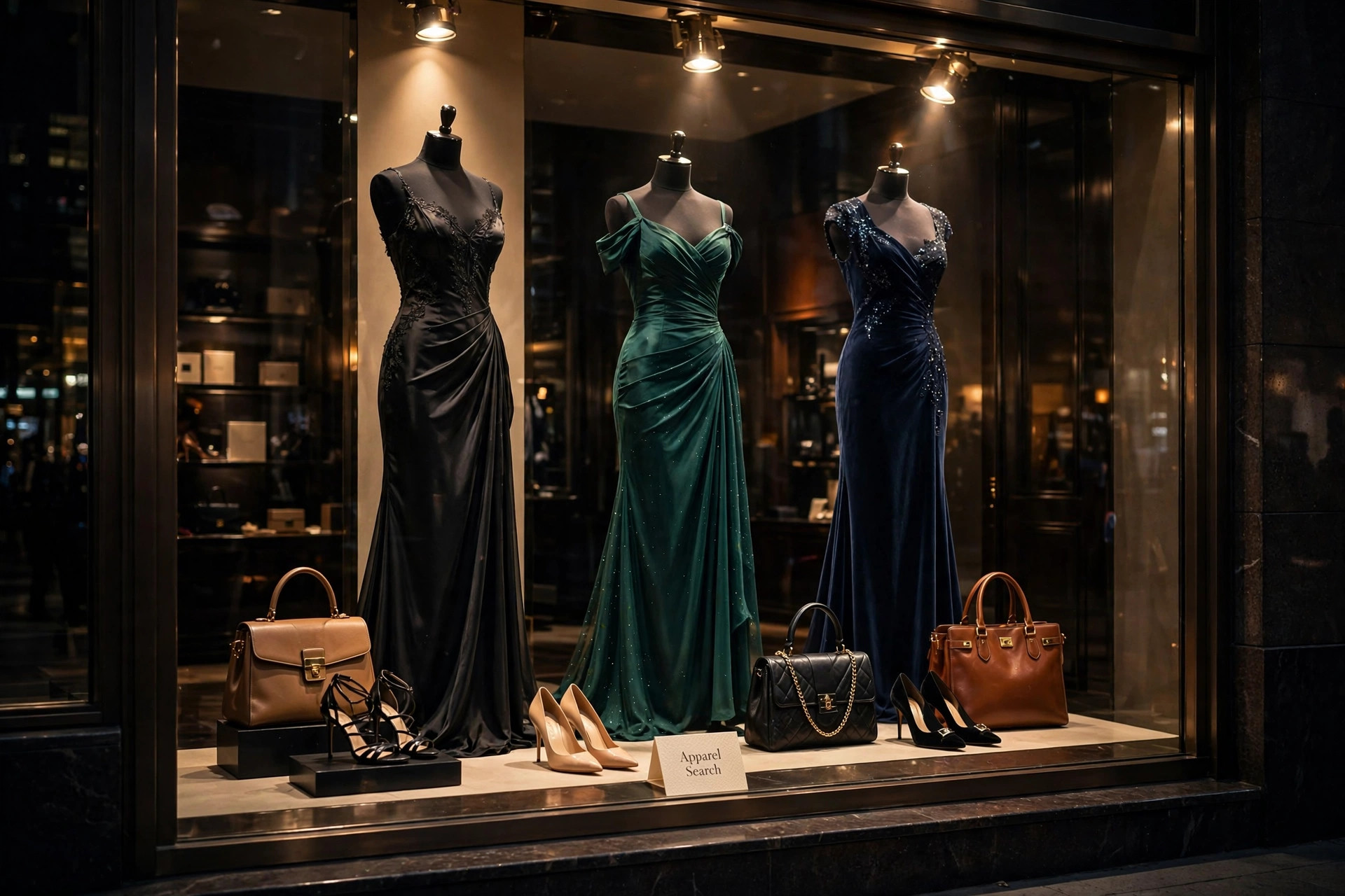 An elegant luxury department store window display of designer evening gowns, fine shoes and leather handbags under warm spotlights, with a small Apparel Search card on the sill, product photography with no people