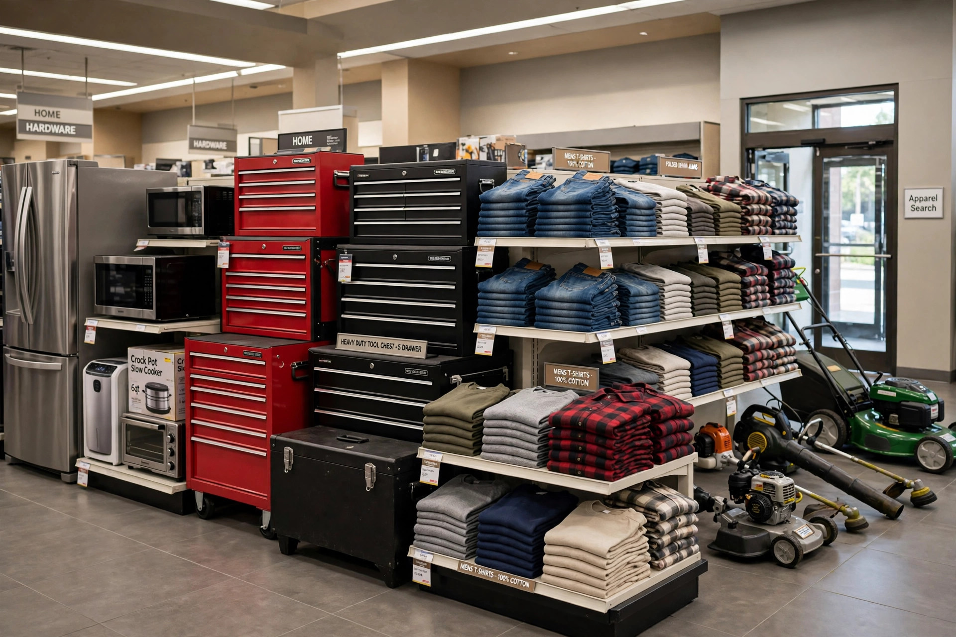 A quiet American department store entrance display with appliances, tool chests, folded apparel and lawn equipment arranged in rows, with a small Apparel Search sign by the door, product photography with no people