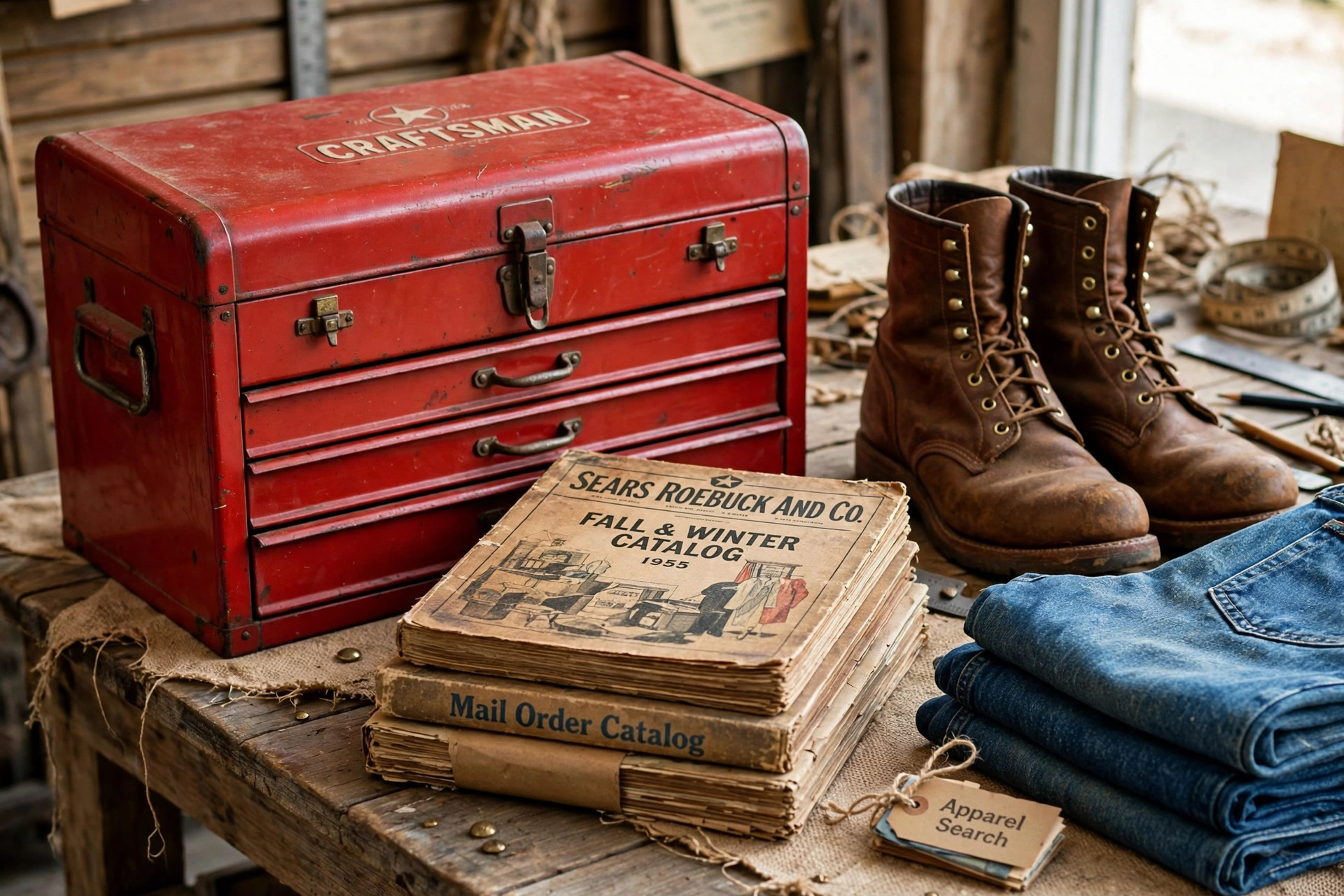A vintage-inspired American retail display of a tool chest, a stack of thick mail-order catalogs, work boots and folded denim jeans, with a small Apparel Search tag, product photography with no people