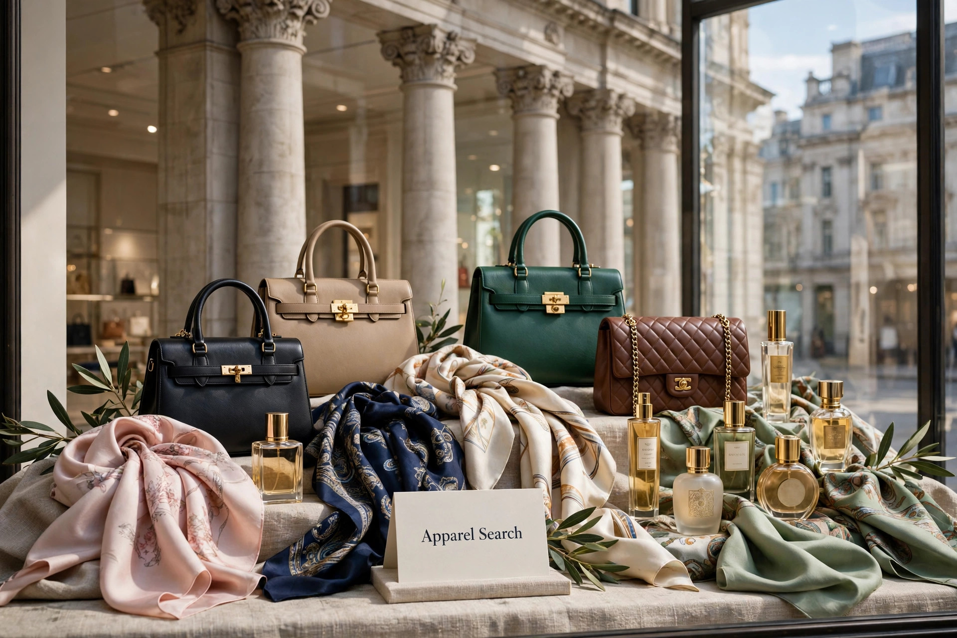 A grand London department store display of luxury handbags, silk scarves and perfume bottles arranged in a bright window with stone columns behind, and a small Apparel Search card, product photography with no people