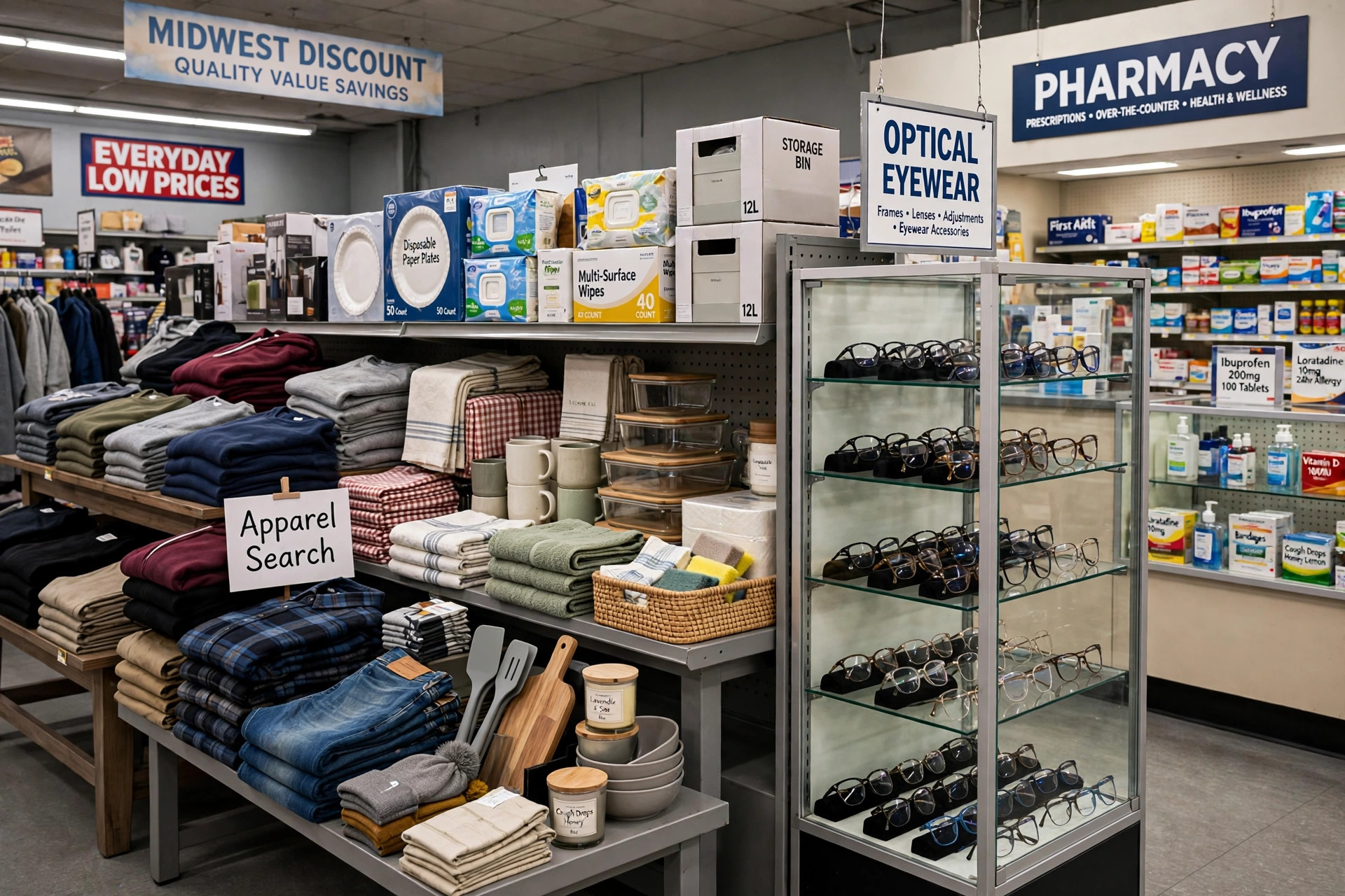 A midwestern discount store display of folded casual apparel, home goods, a pharmacy counter sign and an optical display case, with a small Apparel Search card, product photography with no people