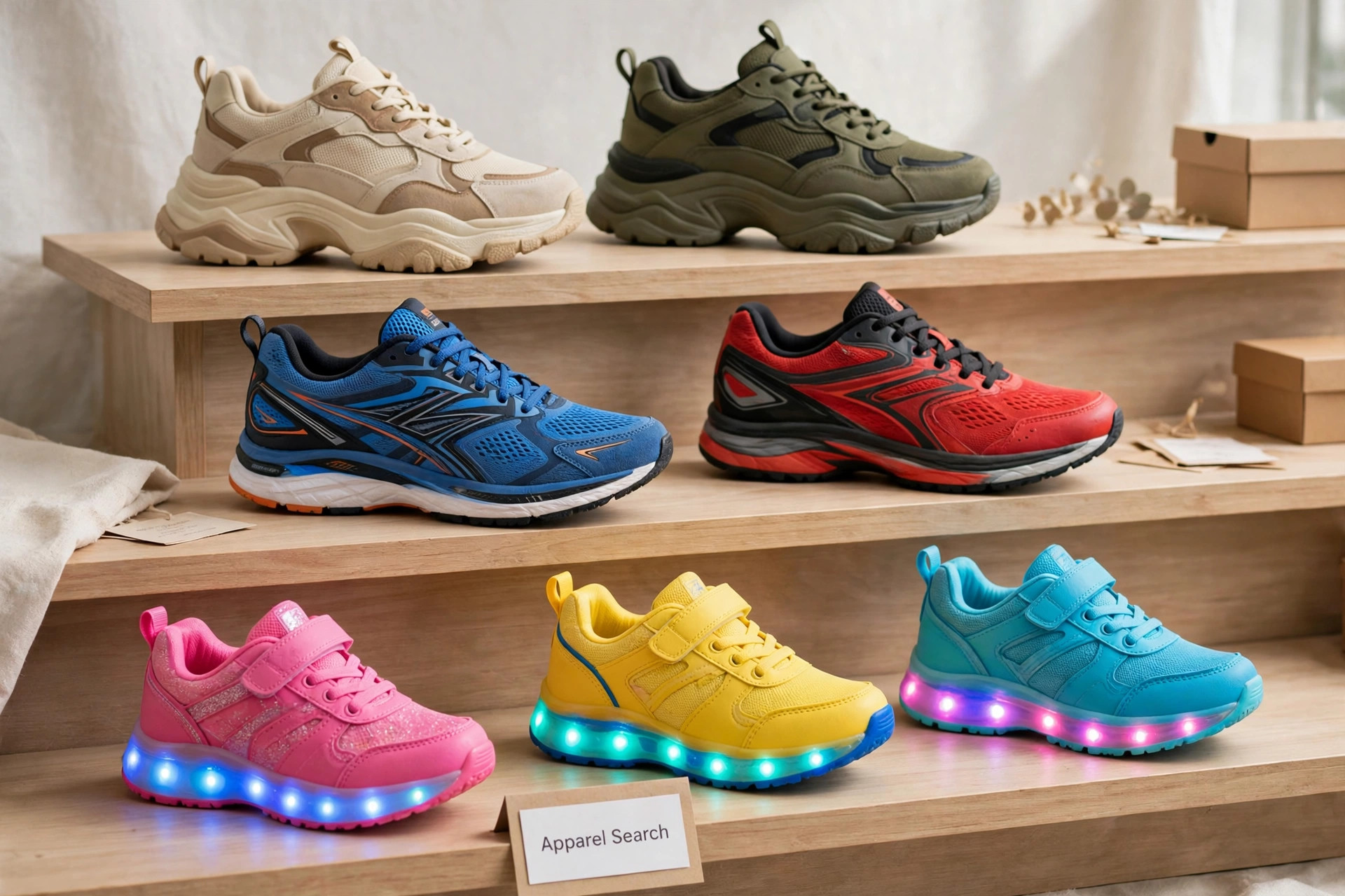 A footwear display of chunky lifestyle sneakers, sport shoes and kids' light-up trainers in bright colors on tiered shelves, with a small Apparel Search card, product photography with no people