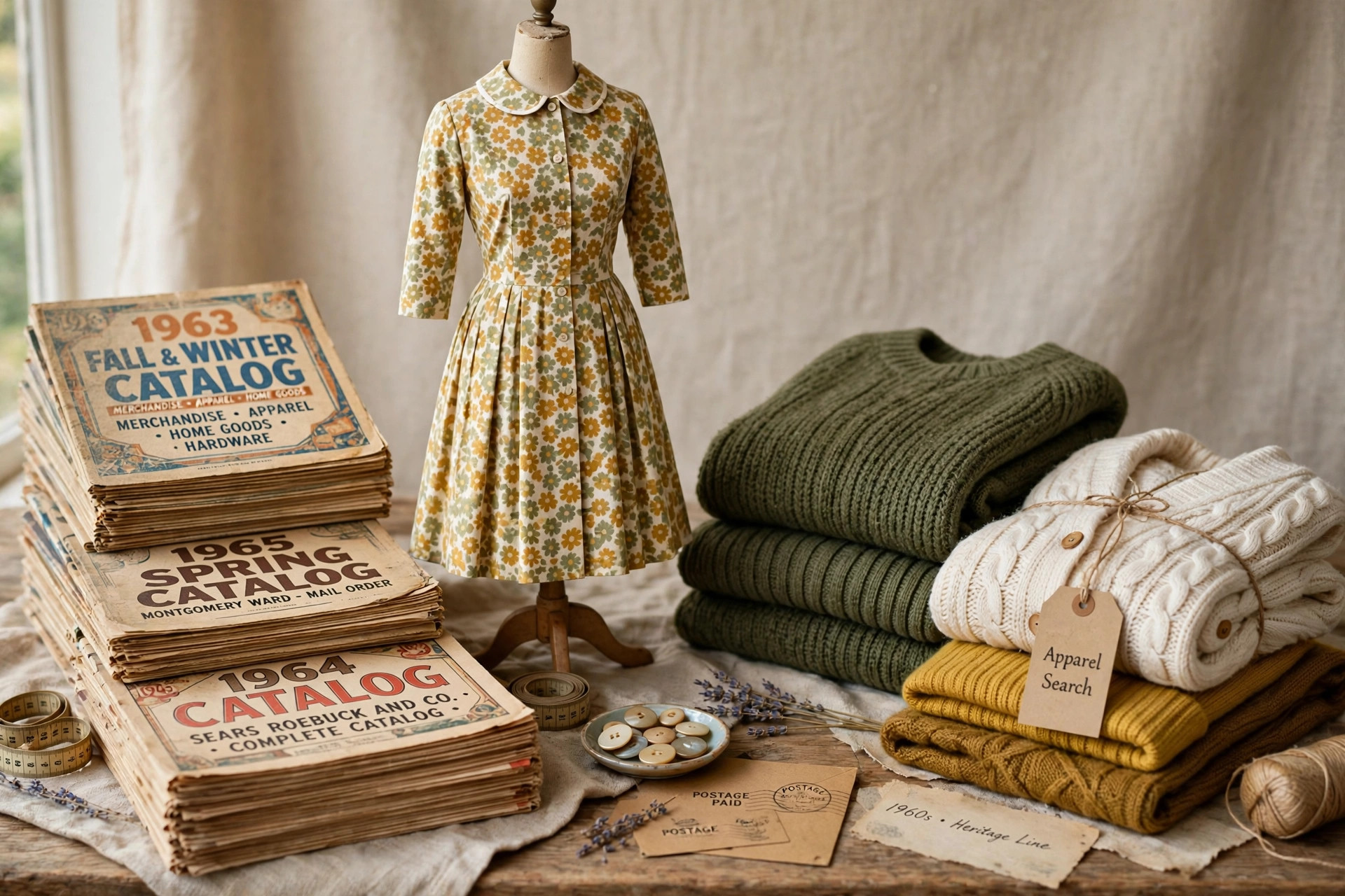 A catalog heritage display of thick vintage mail-order catalogs, a 1960s style women's dress on a stand and folded knitwear, with a small Apparel Search tag, product photography with no people